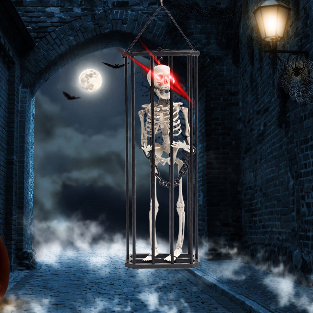 Konghyp Halloween Hanging Decoration Cage Ghost, Motion Activated Skeleton Prisoner, Creepy Party Prop for Haunted House, Animated Scare Device, Unique Halloween Decor