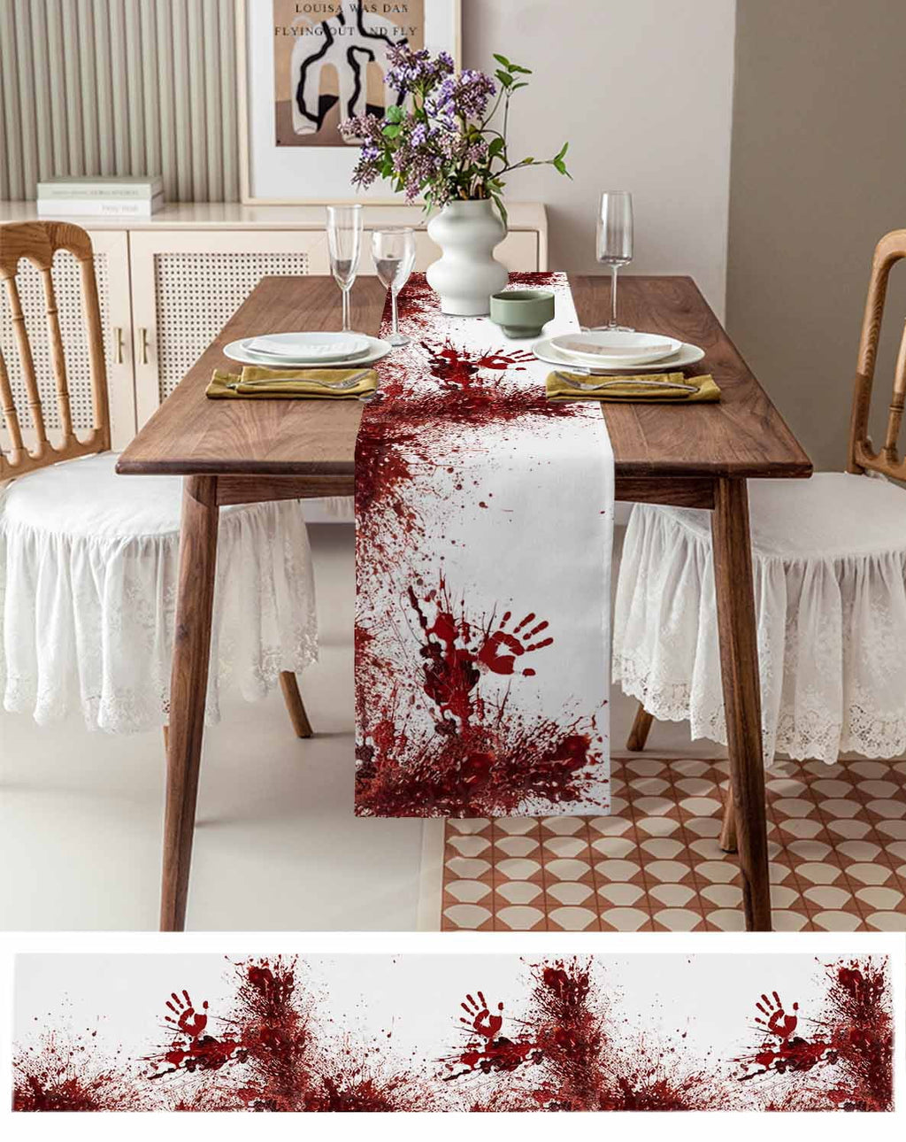 Halloween Red Blood Table Runner 90 Inches, Horror Bloody Handprint Bed Runner Dresser Scarves Tabletop for Indoor Outdoor Parties/Ceremony/Banquet, 13" x 90"