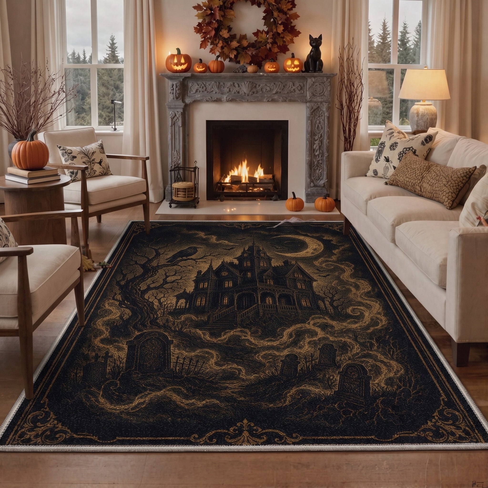 GENIMO 2'x3' Halloween Doormat, Washable Non Slip Soft Gothic Castle Outdoor Door Mat for Front Door Covered Porch Patio Entryway, Antique Gold