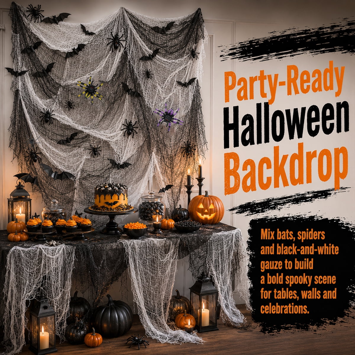 Halloween Creepy Cloth Halloween Gauz Scary Decoration with Bats Spiders Fabric Hanging Spooky Stuff for Indoor Outdoor Home Wall Haunted House Party Supplies 88Pcs Set 1