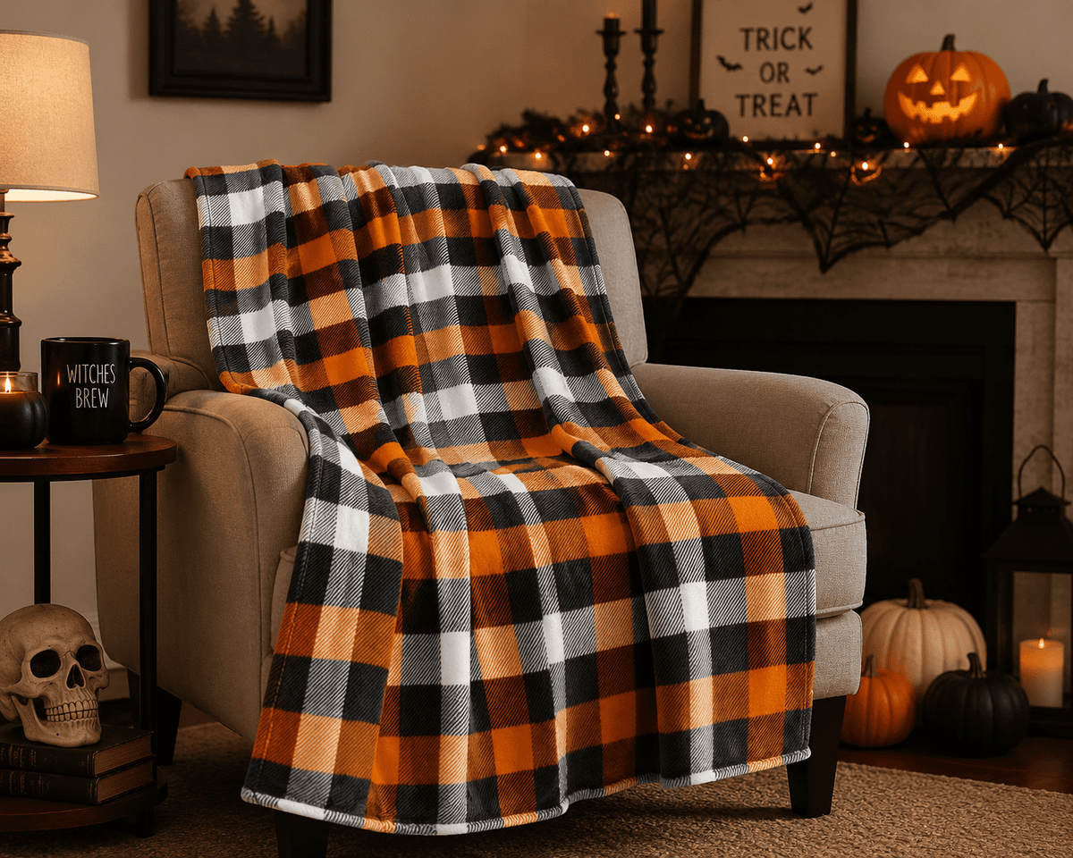 Serafina Home Halloween Throw Blanket: Fuzzy Boo! Jack O'Lantern Spider Webs Skull and Black Cats Print on Velvet Fleece for Sofa Bed Couch Chair Dorm