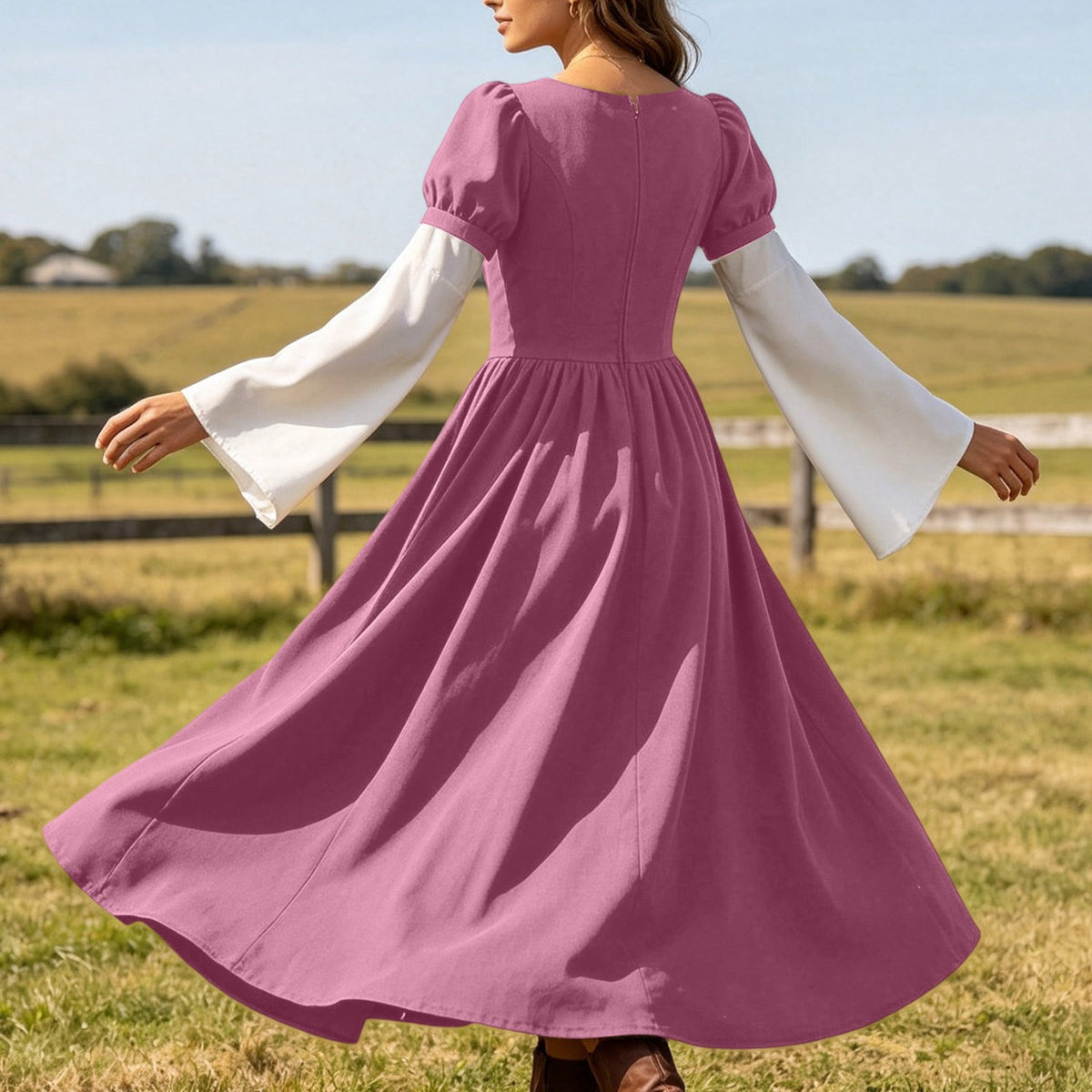 Hurxie Renaissance Costume Women Peasant Medieval Dress Maxi Fairy Dresses with Bell Sleeve Vintage Ren Faire Outfit