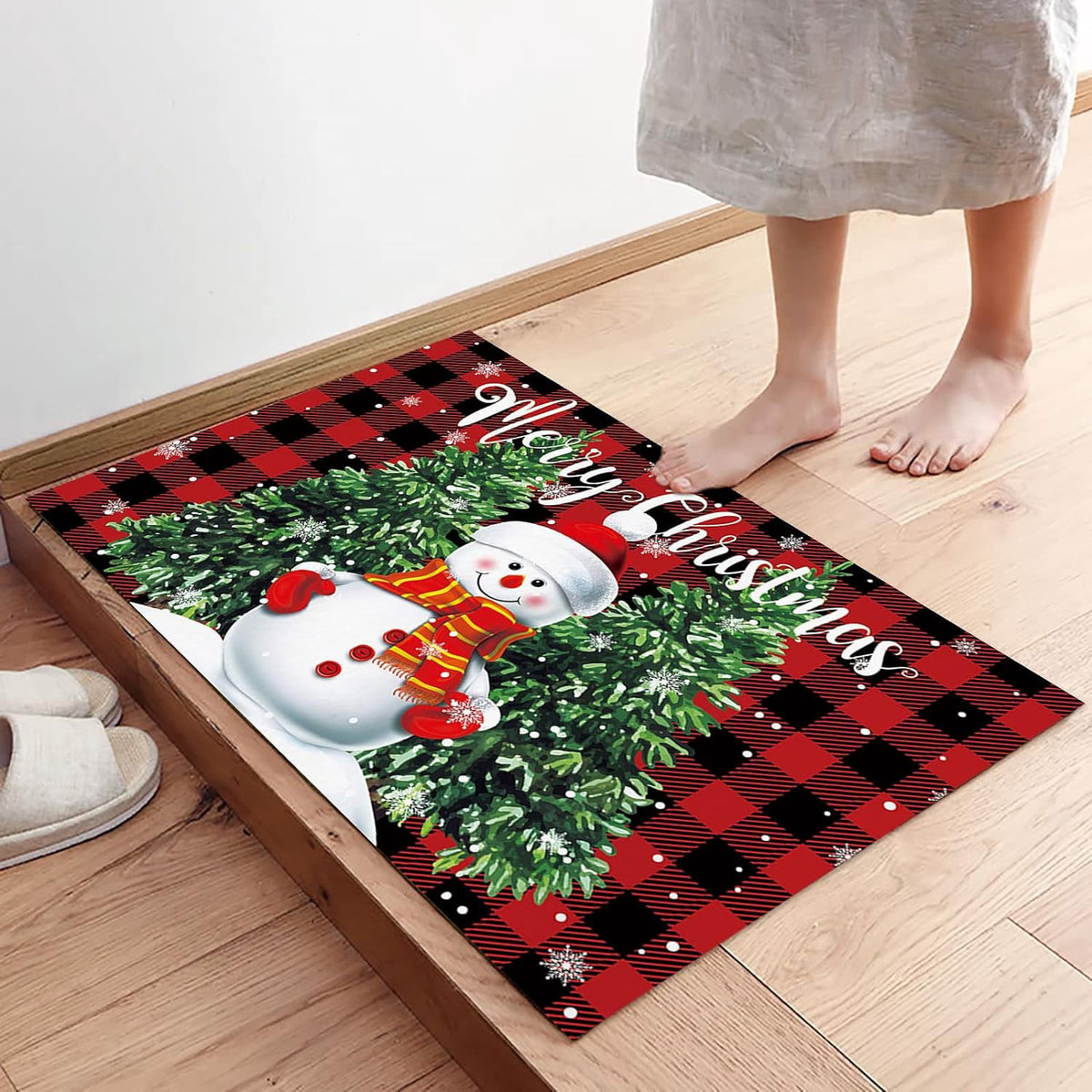 Christmas Snowman Trees Entrance Door Mat, Red Plaid Low Profile Tradition Christmas Decor Welcome Doormat, Non-Slip Carpet Rugs Floor Mat Decorative for Home/Bathroom/Kitchen - 20"x31.5"