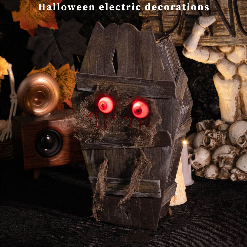 Halloween Animatronics Decorations,Creepy Coffin with Spooky Sounds,Walking Coffins with Light Up Eyes for Haunted House Lawn Yard Graveyard,Animated Coffin with Sound Activated