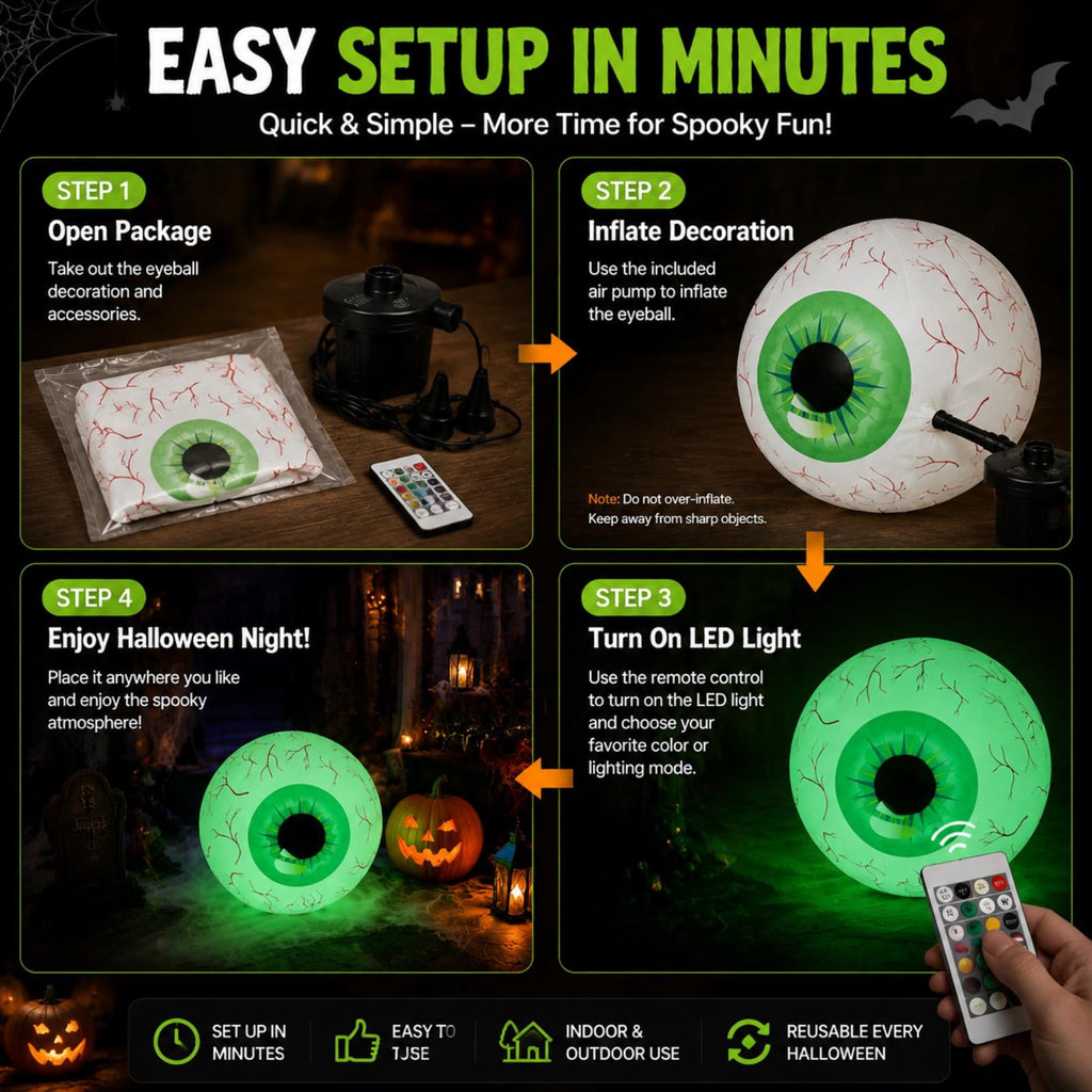 Kumdkd 15.7" Halloween LED Eyeball Inflatable Decor - Color Changing Party Balloon with Remote Control for Indoor/Outdoor Scary Decorations