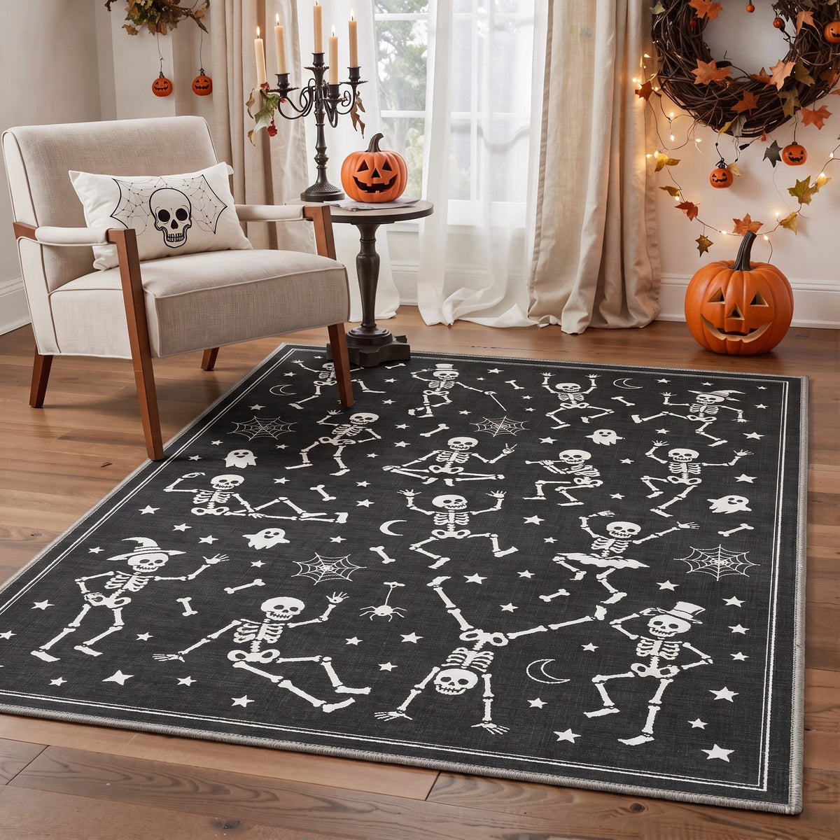 GENIMO 2'x7' Halloween Runner Rug, Washable Non Slip Soft Whimsical Skeleton Indoor Outdoor Hallway Runner for Porch Patio Kitchen Entryway, Charcoal Black