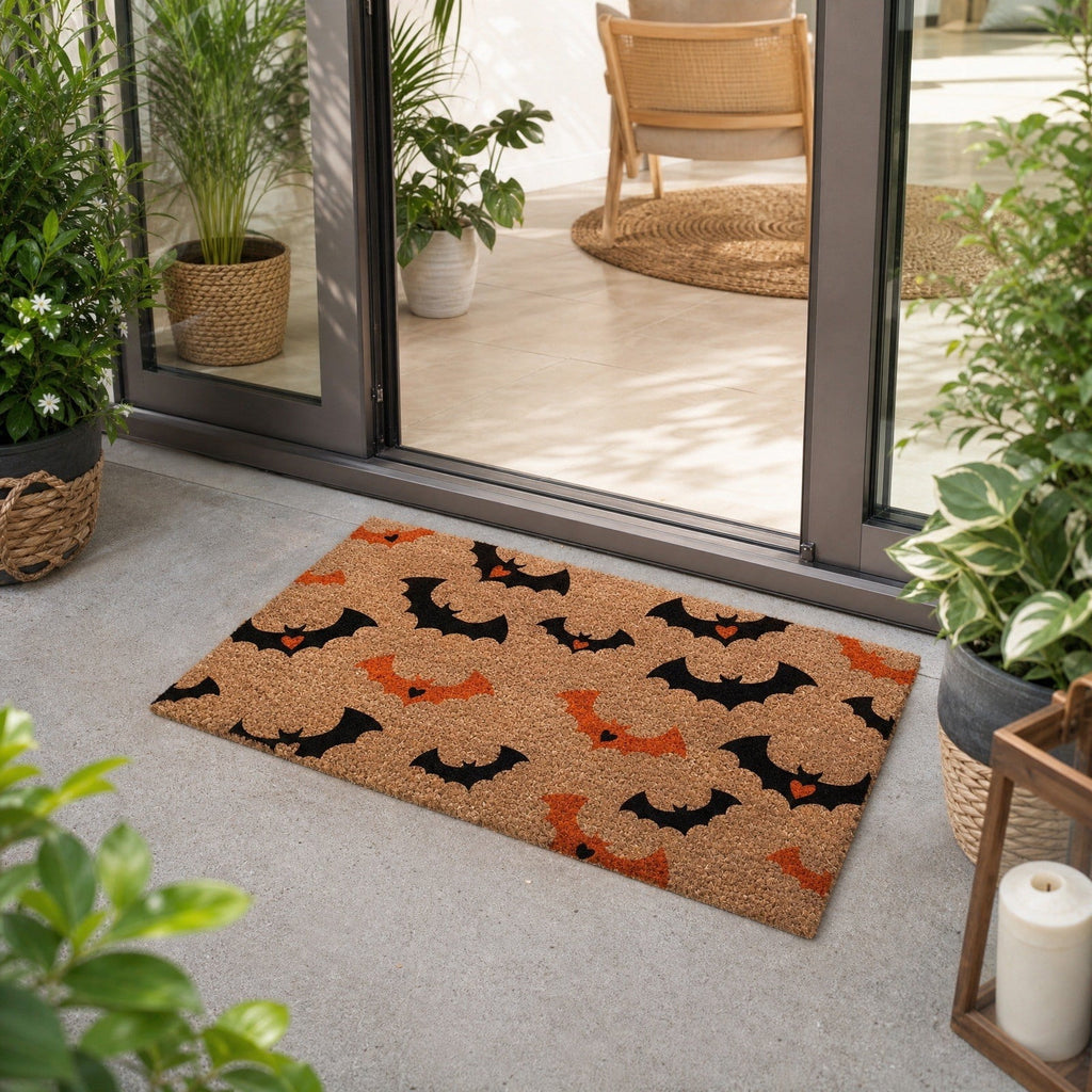 Halloween Heart Print Doormat 60x40cm, Black Orange Spooky Entry Mat for Front Door, Non-Slip Indoor Outdoor Rug