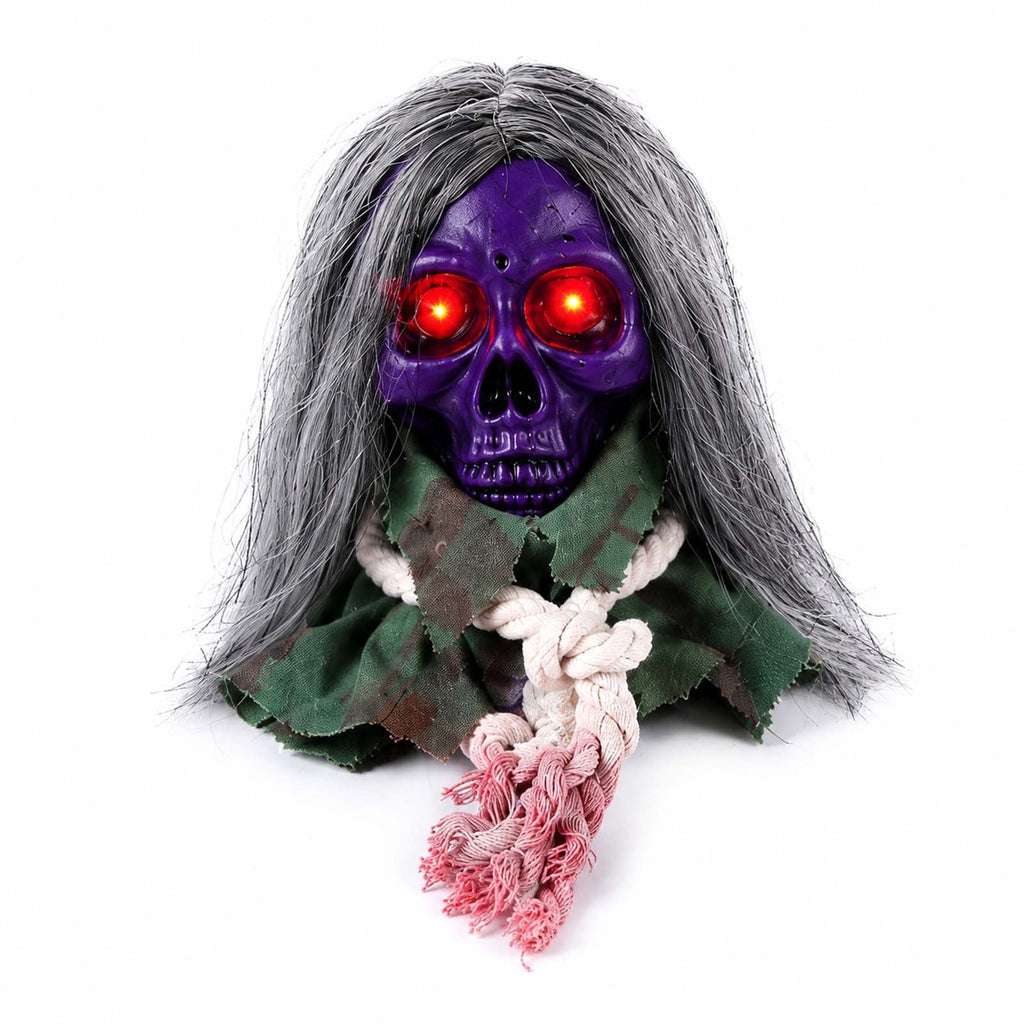 Moving Long Hair Hanging Skull Head Prop, Creepy Animated Halloween Skeleton Decor, Spooky Ornament for House, Party, Indoor Outdoor (Batteries Not Included)