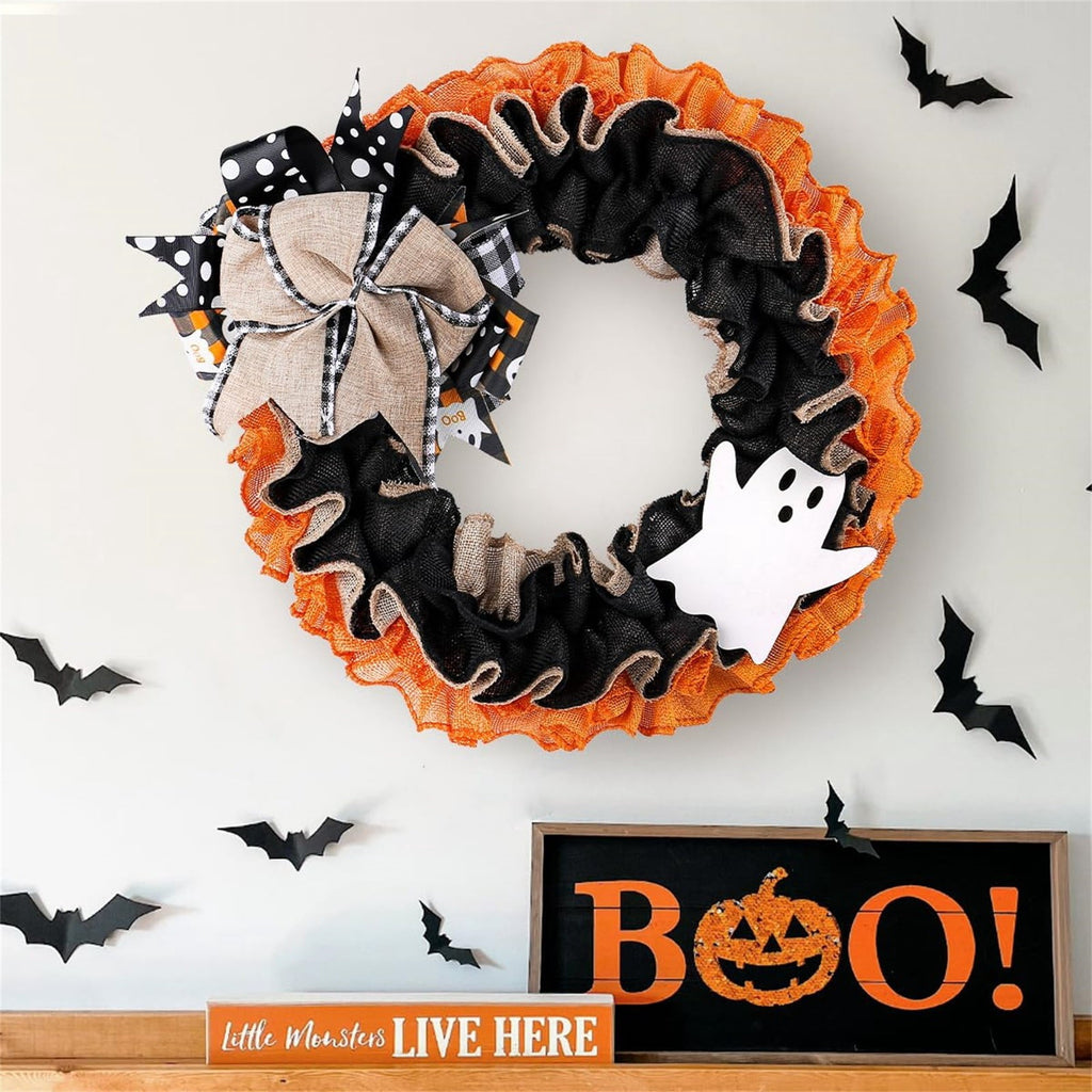 15" Halloween Boo Ghost Wreath for Front Door - Farmhouse Burlap Wreath with Bows, Indoor/Outdoor Decor for Home, Window & Party, Trick or Treat Welcome Sign