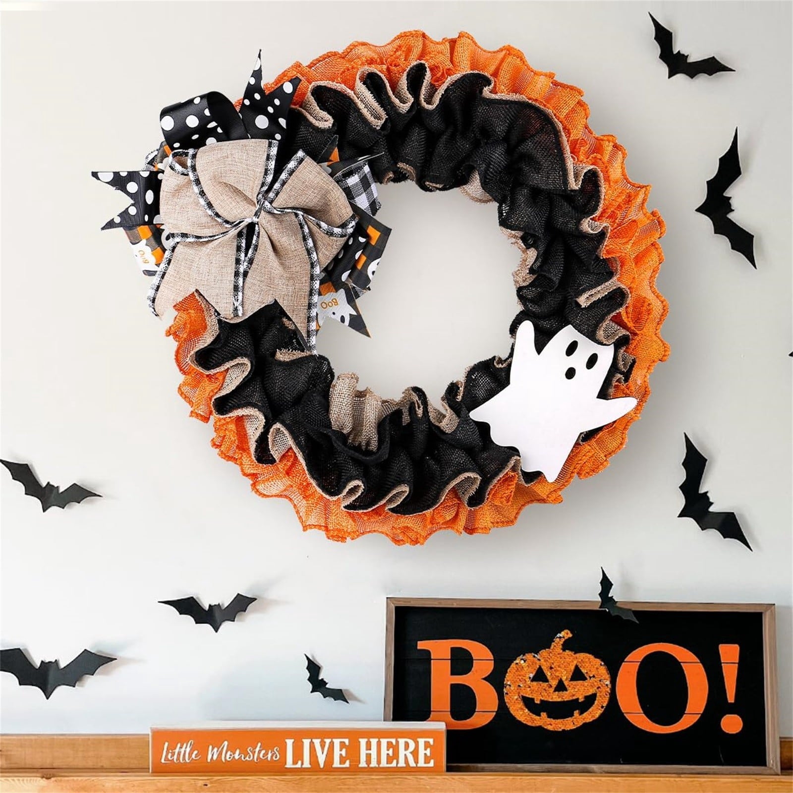 15" Halloween Boo Ghost Wreath for Front Door - Farmhouse Burlap Wreath with Bows, Indoor/Outdoor Decor for Home, Window & Party, Trick or Treat Welcome Sign