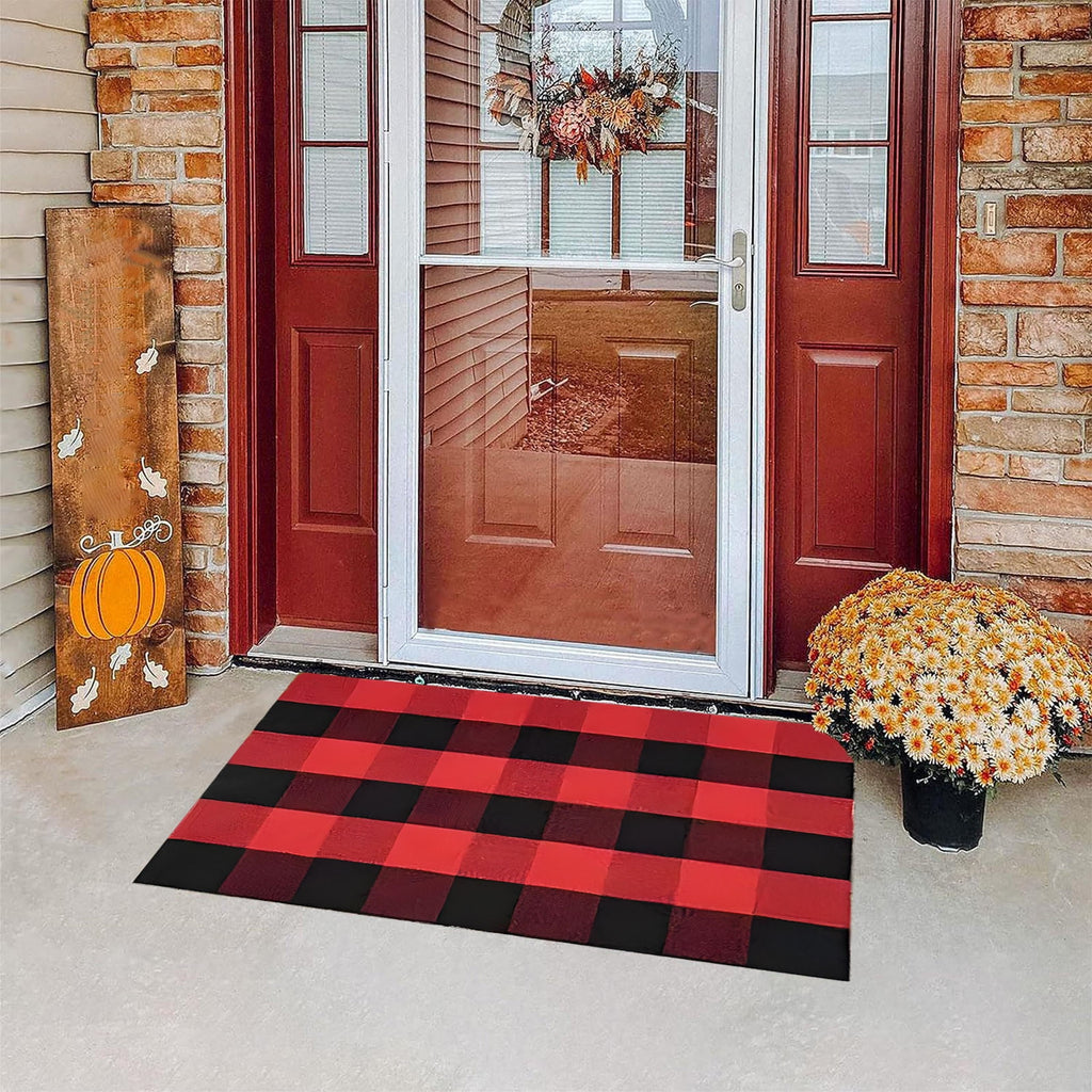 Fall Buffalo Plaid Rug Outdoor Doormat,Hand-Woven Checkered Doormat Layered Entryway Decor, Non-Slip Front Porch Mat Farmhouse Patio Rug, Halloween Thanksgiving Seasonal Outdoor Rug
