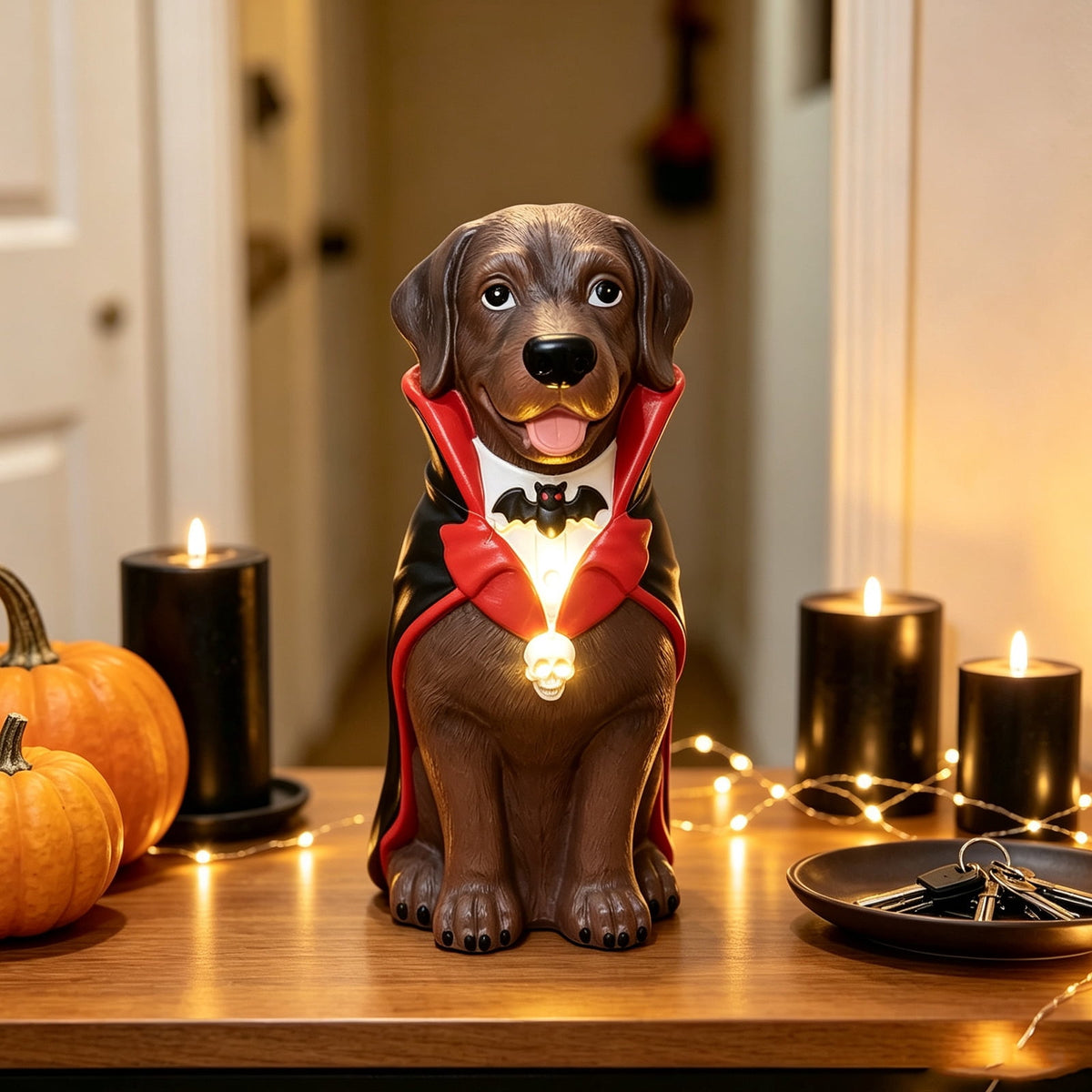 Halloween Dog Greeter - Frenchie 7.9in Resin Witch Dog with Light-Up Pumpkin, Spooky Fall Decor, Indoor Outdoor Tabletop Decoration