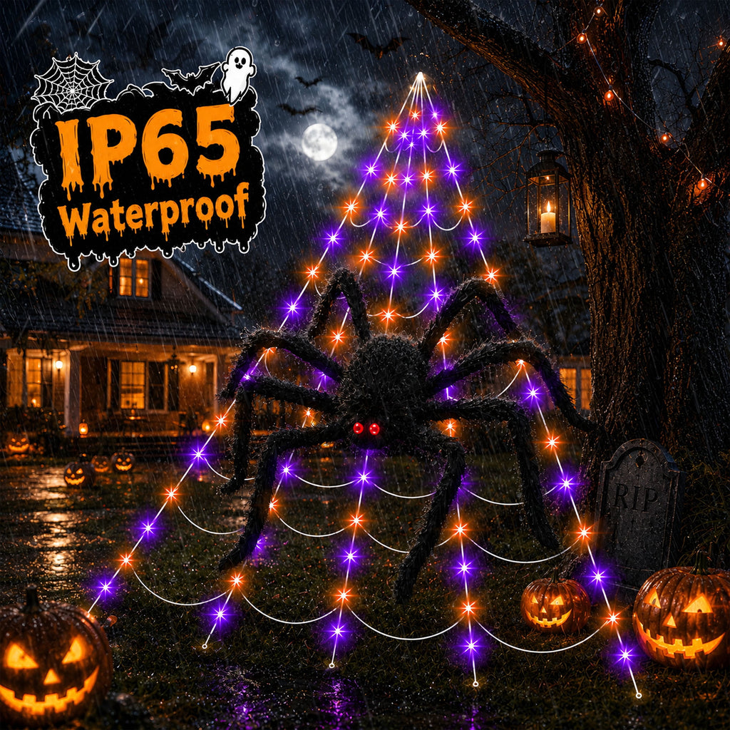 DAYBETTER Halloween Spider Web Lights, 5FT Giant Spider, 250 LED Holiday Lights, Remote Control Waterproof for Indoor Outdoor Yard Party Halloween Decorations (Purple & Orange)