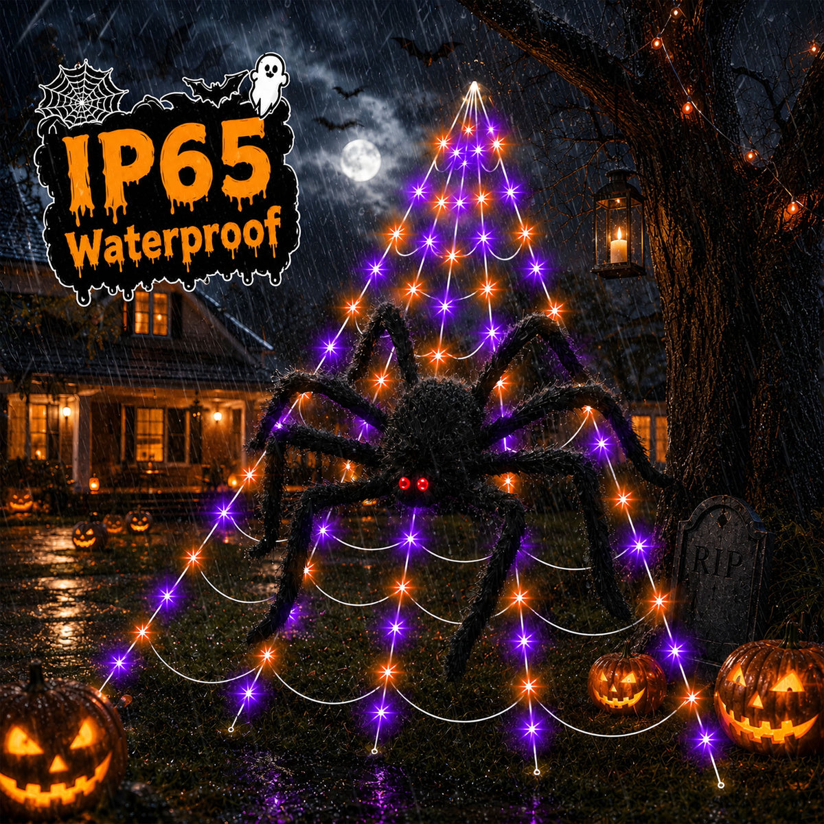 DAYBETTER Halloween Spider Web Lights, 5FT Giant Spider, 250 LED Holiday Lights, Remote Control Waterproof for Indoor Outdoor Yard Party Halloween Decorations (Purple & Orange)
