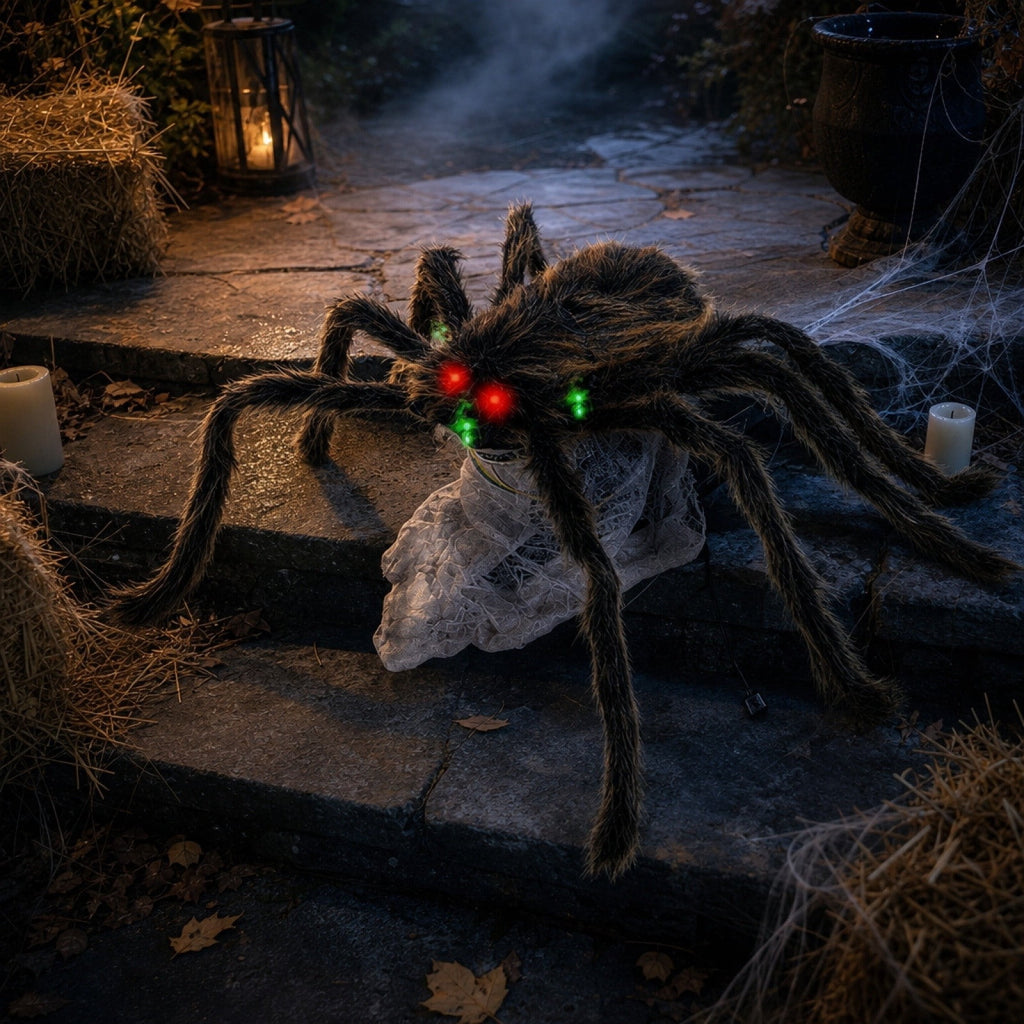 AHGQT Halloween Animated Jumping Spider Decoration, 30x7Inchs Scary Realistic Electric Bouncing Spider with Sound and Light Effects, Large Spider for Halloween Yard Decorations
