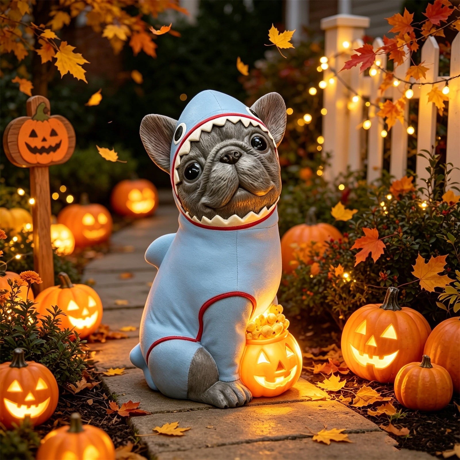 Gray Frenchie in Shark Costume Blow Mold, Halloween French Bulldog Statue with Light Up Pumpkin Decor, Cute Resin Outdoor Indoor Tabletop Dog Ornament, Entryway Patio Yard Decoration, 7.87"