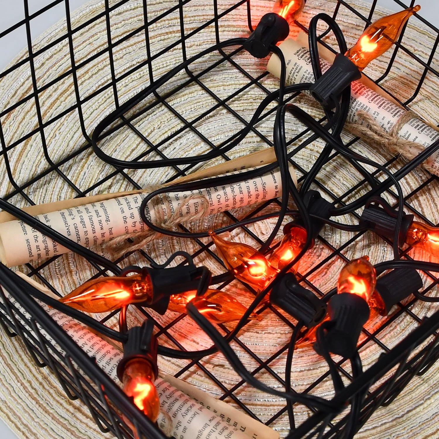 Halloween Lights Flickering Flame String Lights with 12 Pack C7 Orange Flame Light Bulbs (2 Spare), 12.8Ft Orange Flame String Lights for Indoor Outdoor Home Party Yard Halloween Decorations