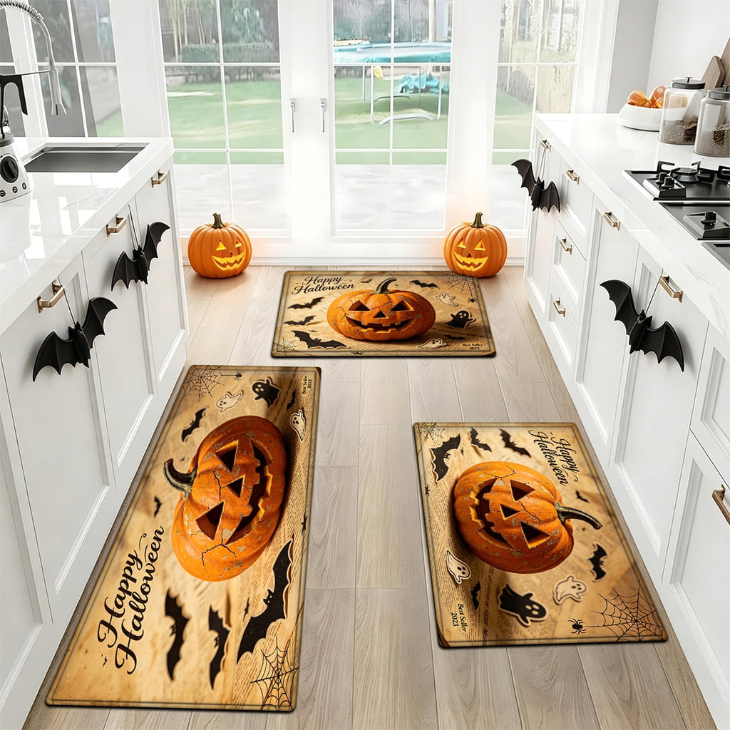 YIMEIS Halloween Neon Pumpkin Lanterns 3Pcs Flannel Mat & Kitchen Rugs Set,Soft Non-slip,16''×24'' 20''×30'' 17''×47'' Inches,for Entryway Bathroom