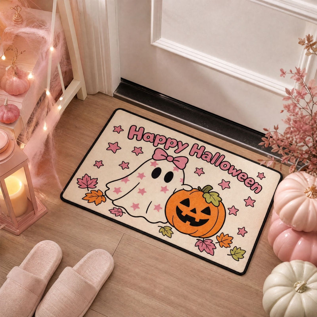 Halloween Doormat Ghost Bath Mat 23.6x15.7in Secure-Grip Absorbent Soft Faux Fur Rug for Bathroom Bedroom Living Room Decor by OVFUIZ