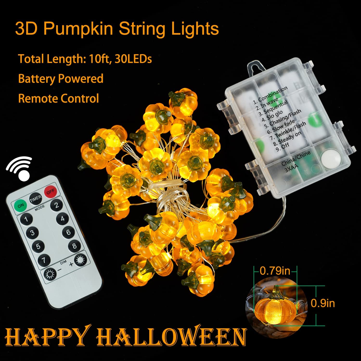 Morttic Halloween Lights 3D 10ft 30 LEDs Pumpkin String Lights Battery Powered Orange Lights for Halloween Party Indoor Fall Outdoor Harvest Thanksgiving Decorations