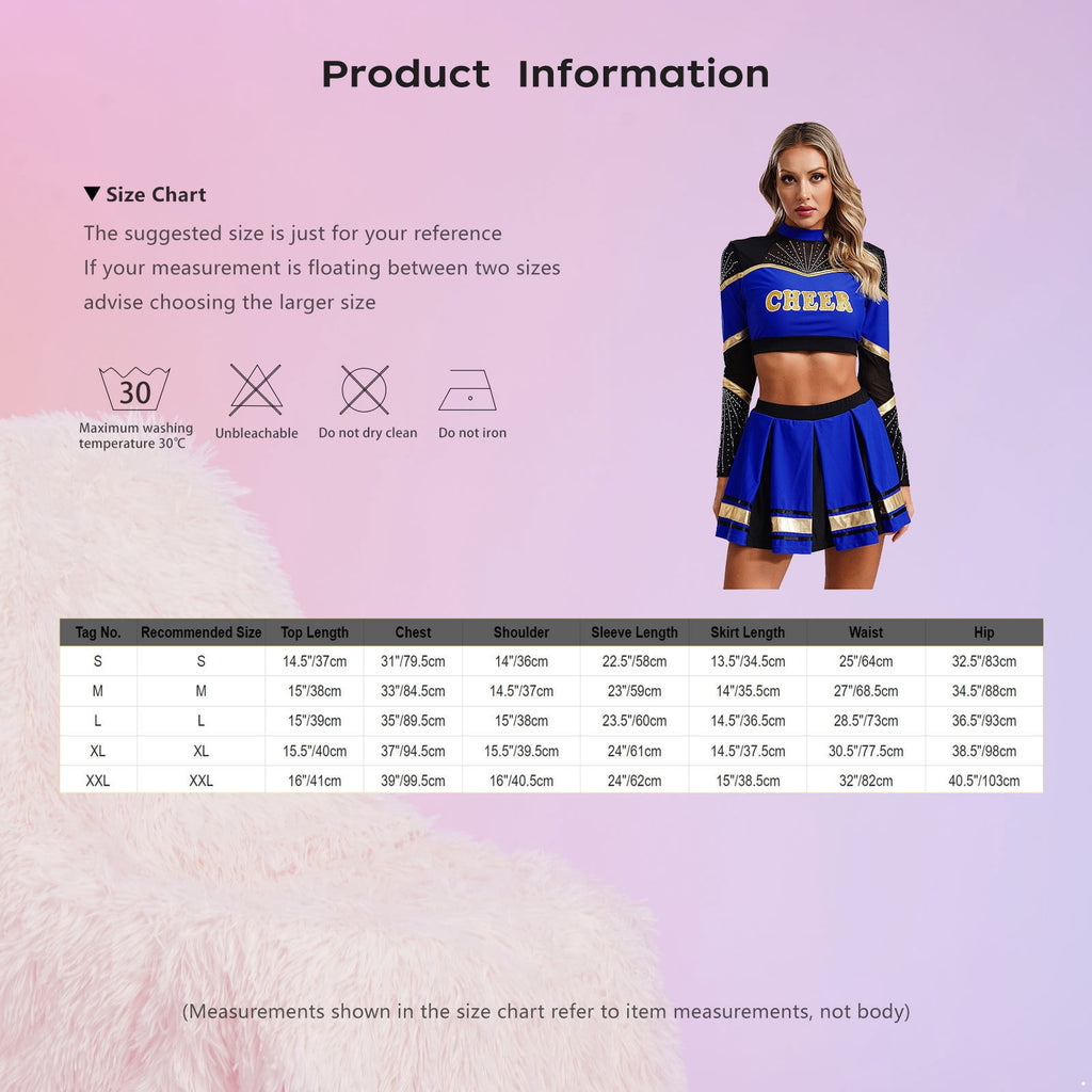 TiaoBug Women Cheer Leader Uniform Dance Cheerleading Costume Long Sleeve Crop Top with Mini Skirt White S