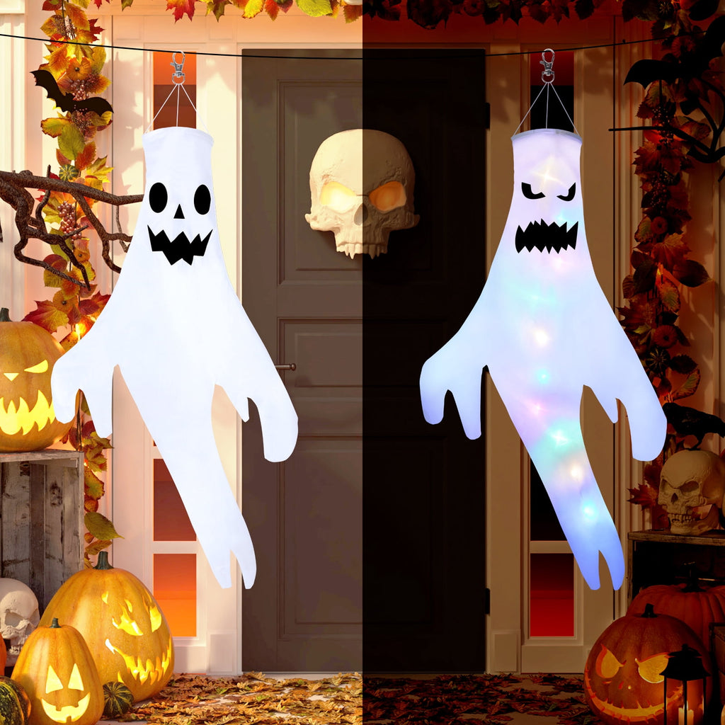 Qoosea 3 Pack Halloween LED Lights Witch Hat Ghost Hangers, Purple/Green/Orange, 3 Lighting Modes, Waterproof Battery Case, Halloween Decorations