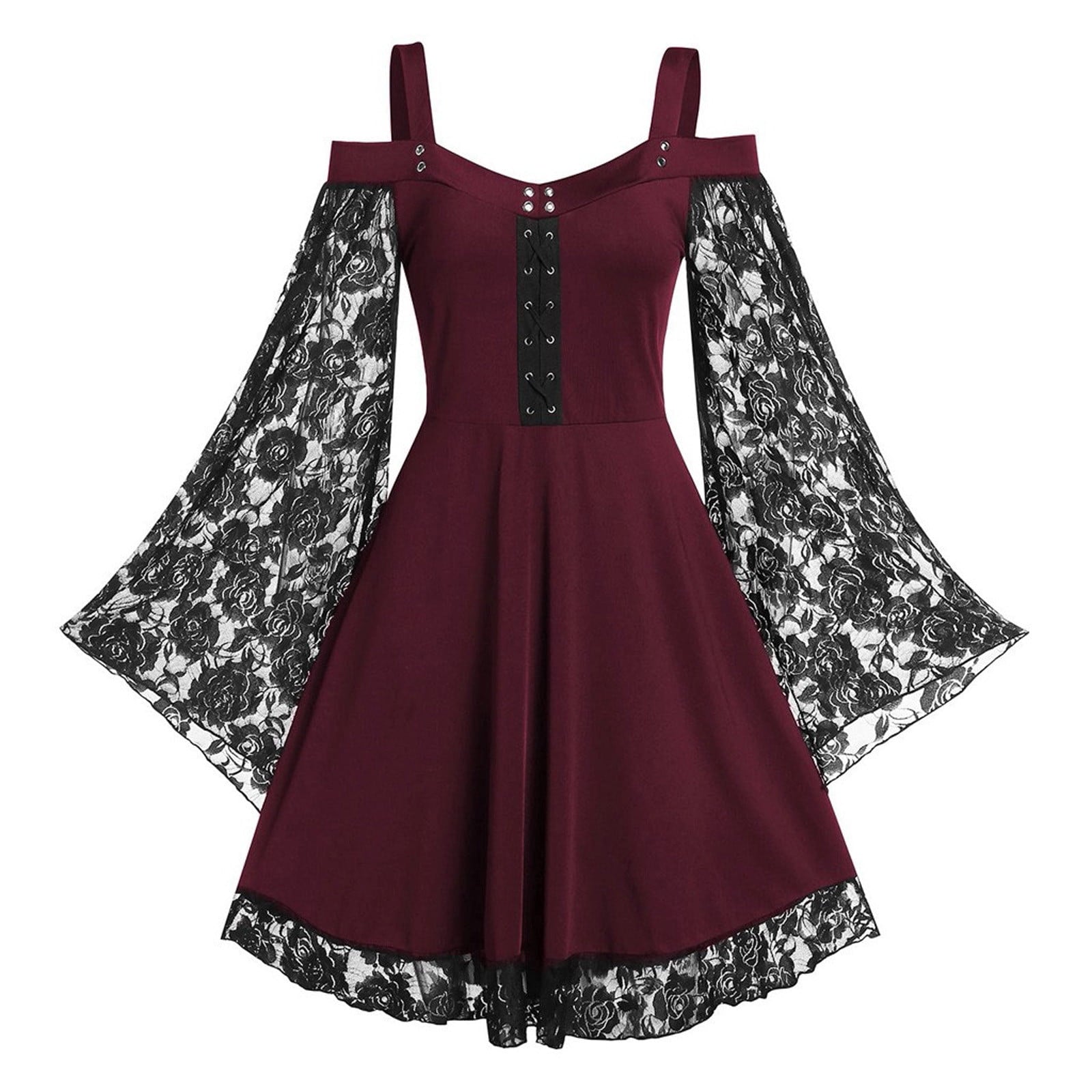 LYXSSBYX Halloween Costume for Women Cosplay Costumes Women Patchwork Skull Lace Splicing Long Sleeve Vintage Party Dark Gothic Dress