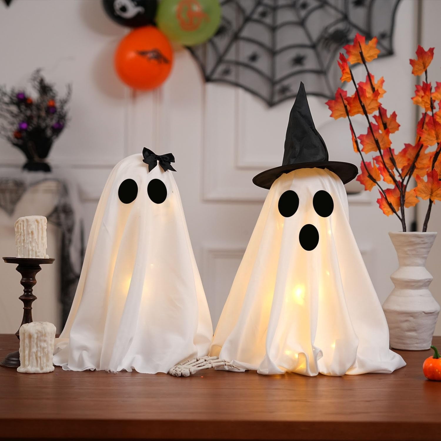 TETOU 2pcs Halloween Scary White Ghost Decor , Light Up DIY Scary White Ghost with Timer for Halloween Indoor Home Tabletop Mantel Decorations
