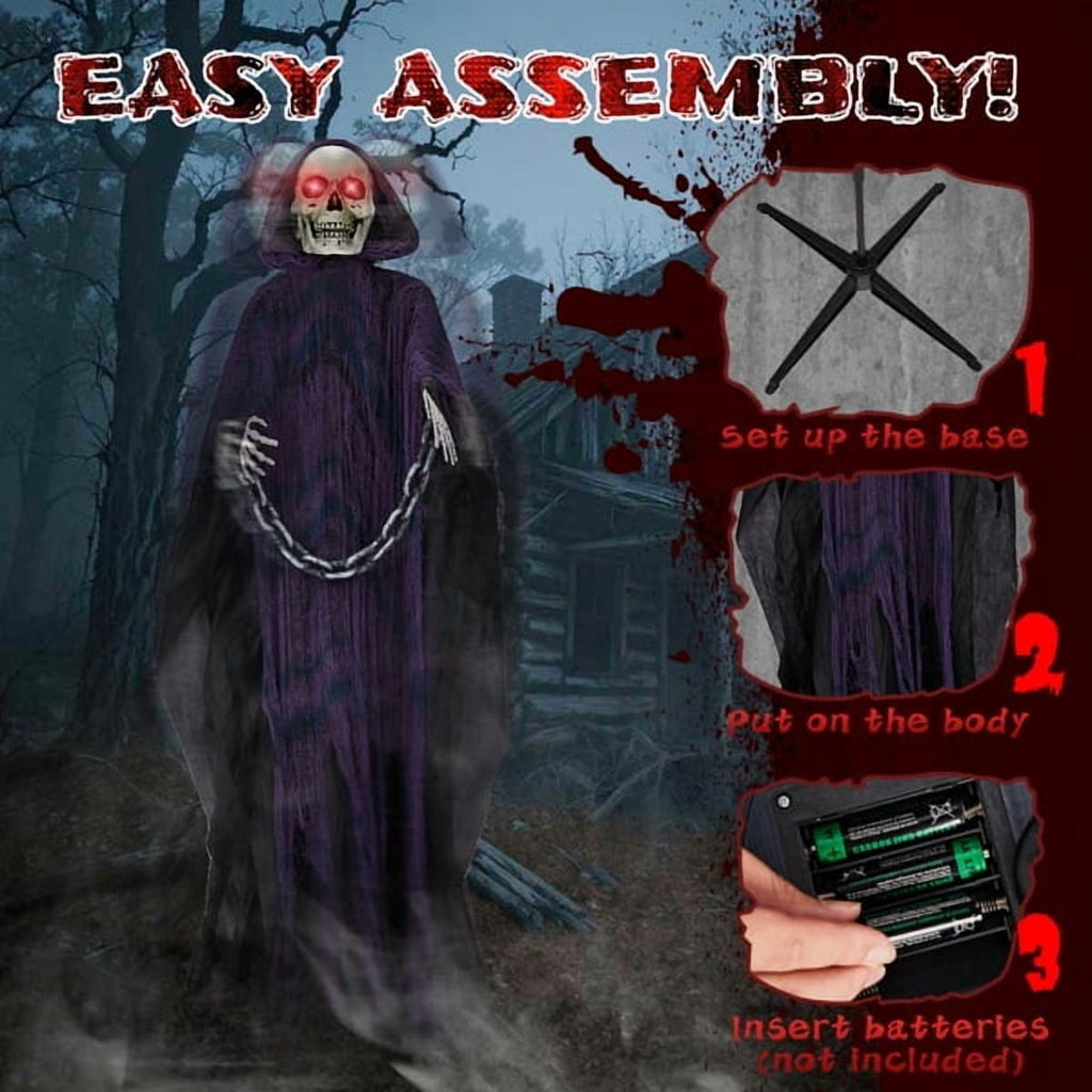 Alvantor Halloween Animated Decorations - 6 FT Sound-Activated Animatronic Grim Reaper with Chain, Moving Head and Hands, Red LED Eyes