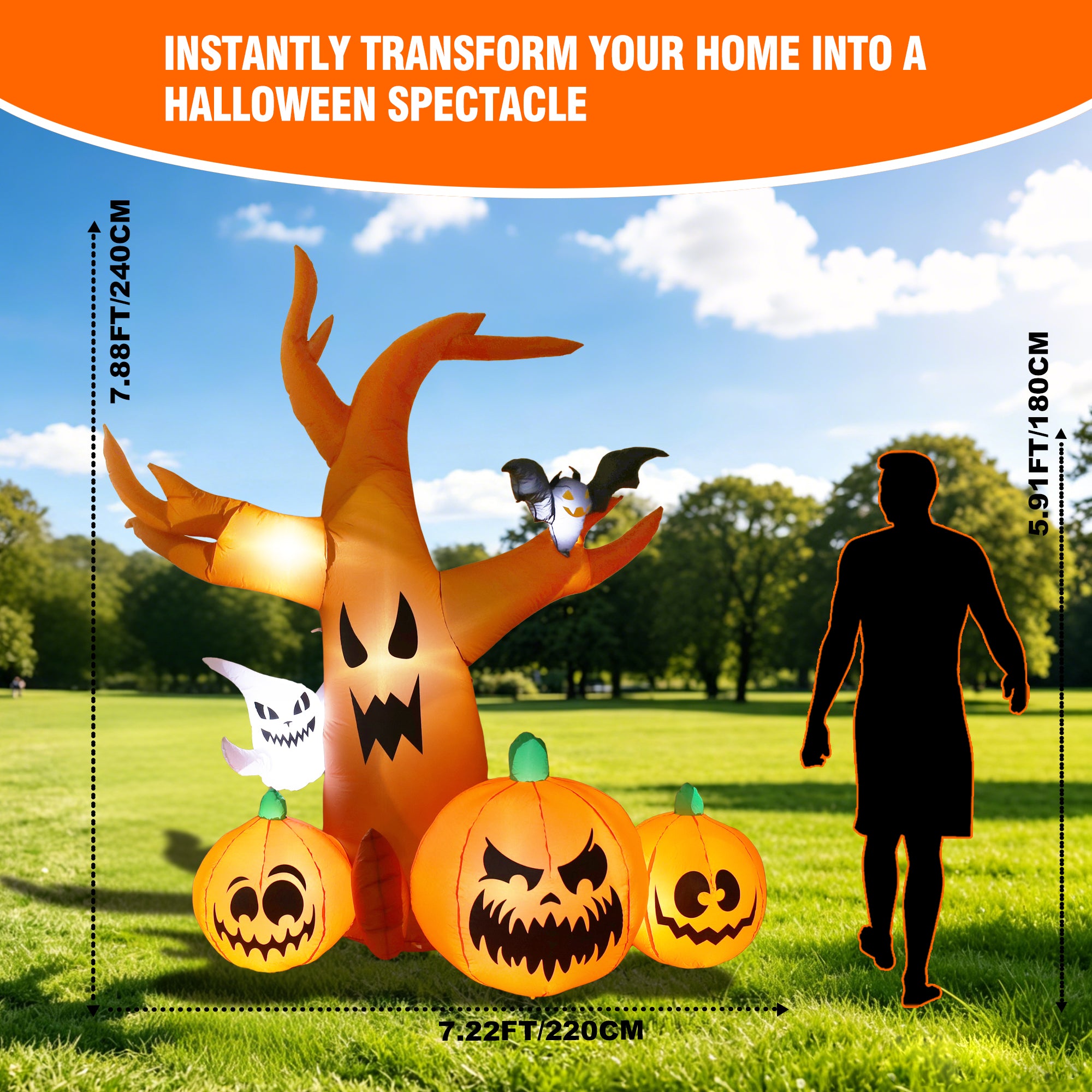 MAGOTAN 9 FT Halloween Inflatables Archway Outdoor Decorations Pumpkin Ghost Archway Halloween Inflatable Blow Up Pumpkin Tombstone Decoration Build-in LED Lights
