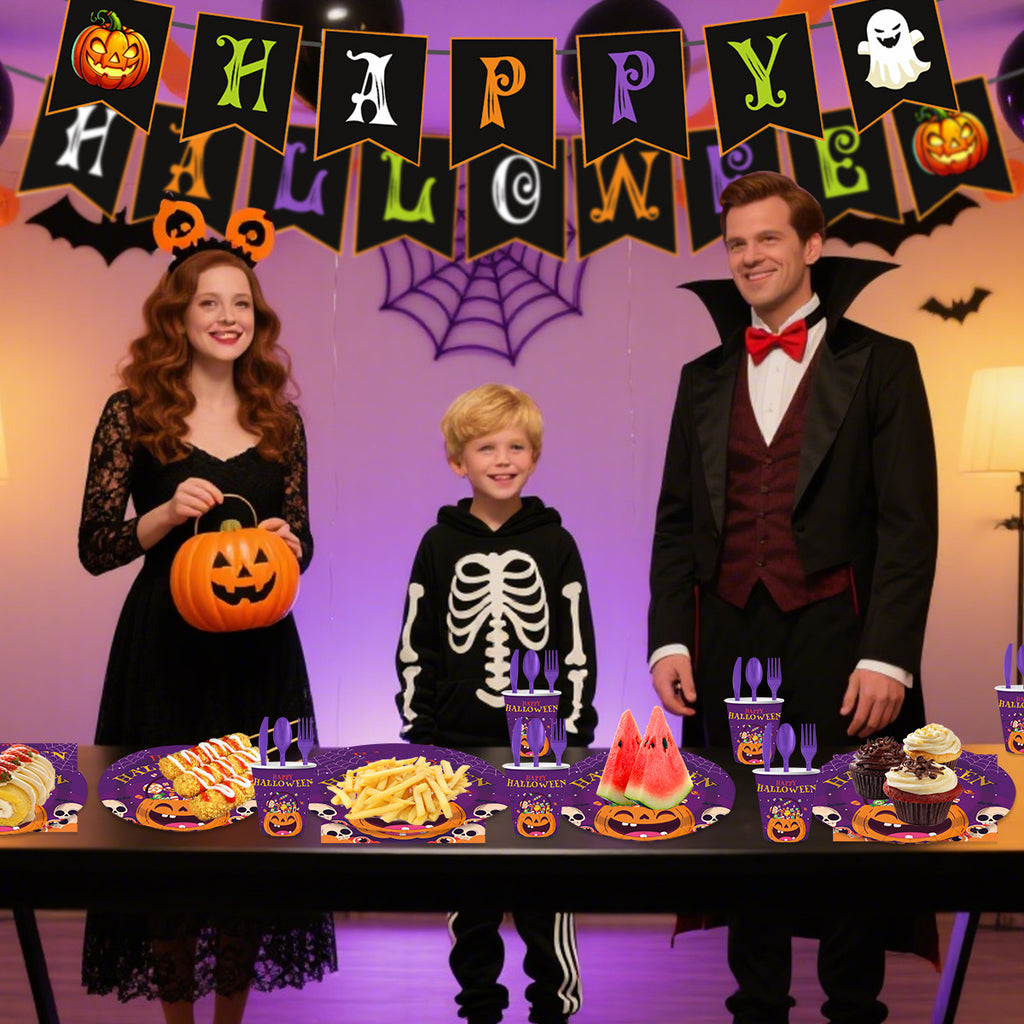 Halloween Paper Plates for Halloween Party Decoration Disposable Cups Napkins Table Cover for Halloween Banner Birthday Party Supplies Serve 20 Design 3