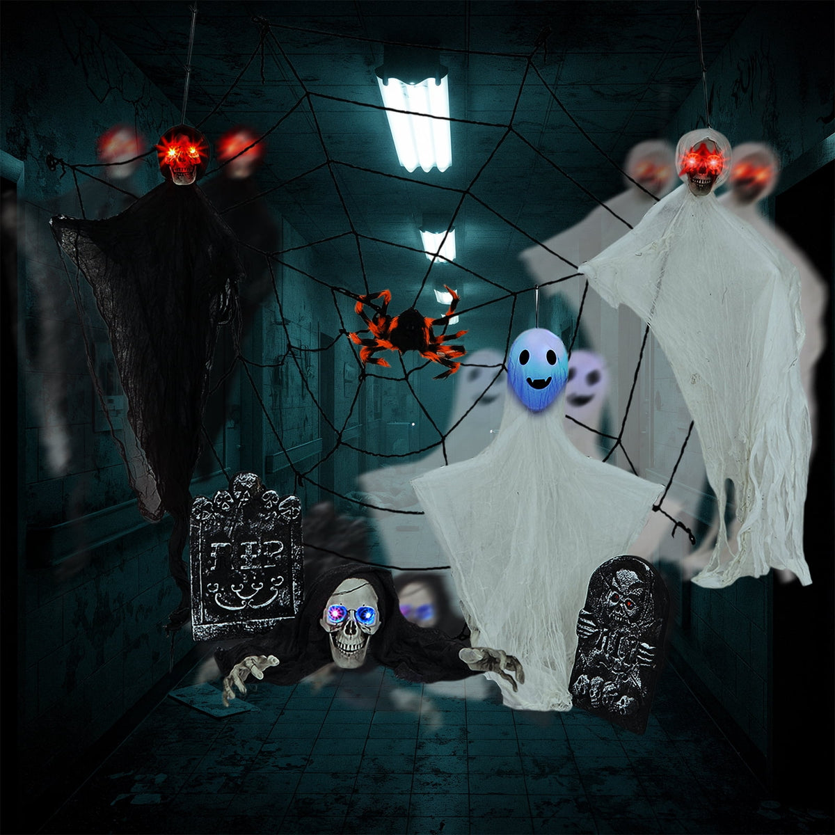 Ktaxon 4ft Halloween Outdoor Decoration Ghost Set Hanging Animated Decoration 8pcs Creepy Set w/ Pre-Recorded Screaming