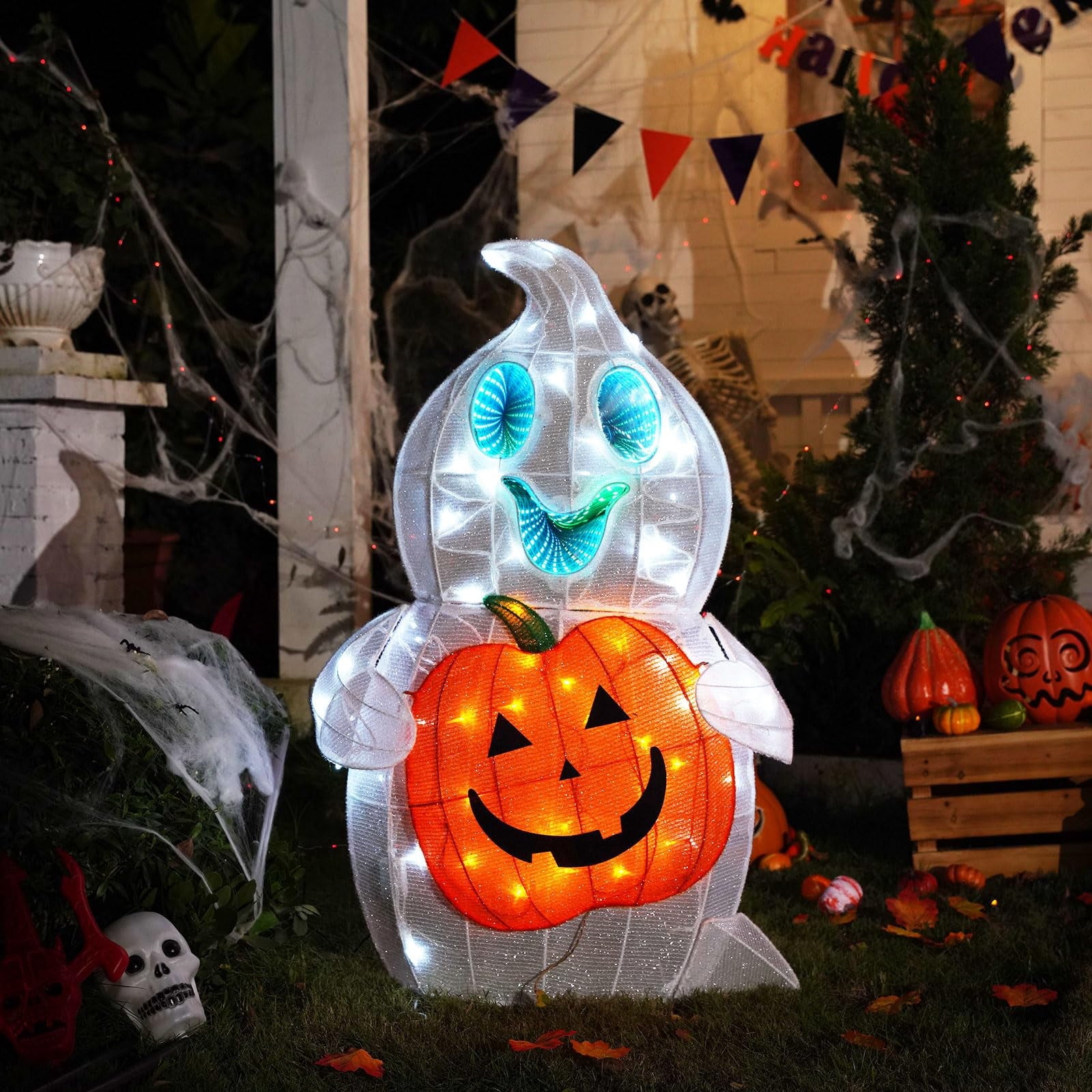MARACOL Halloween Ghost Decor, 128 LED Pre-Lit Ghost Halloween Decorations with Animated Eyes Cute Light Up Ghost Holding Pumpkin Glowing Ghosts Fall Decor for Outdoor, Indoor, Yard, Porch, Garden
