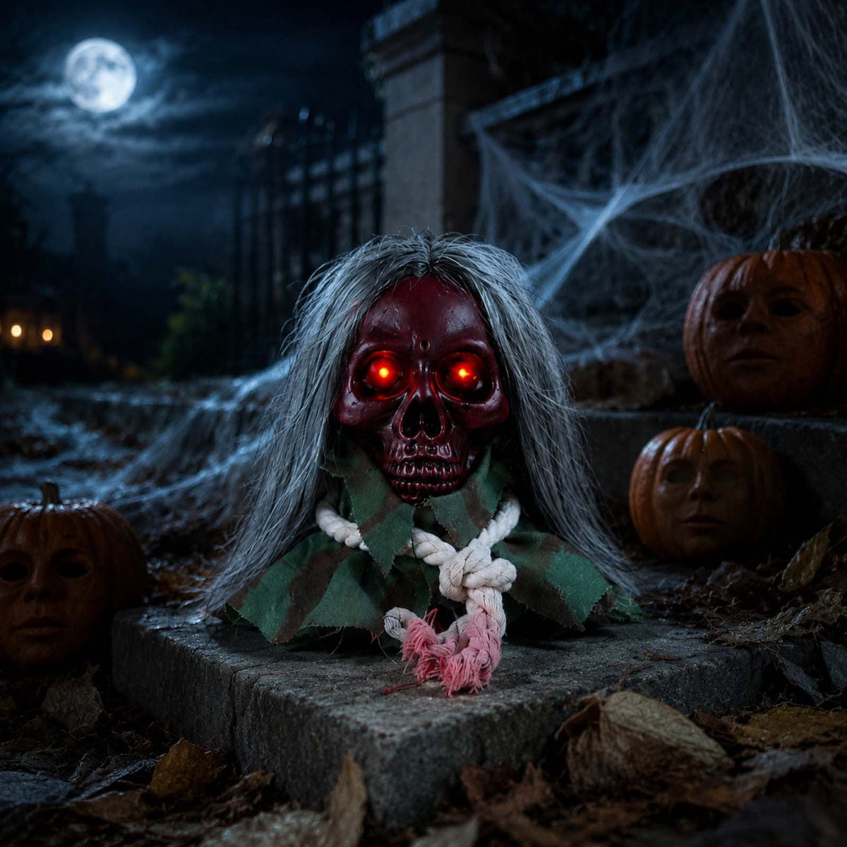 Animated Walking Skull Head with Light-Up Red Eyes Creepy Moving Halloween Prop with Long Grey Hair Horror Music Motorized Resin Decoration for Party Yard Indoor Outdoor Spooky Decor Gift