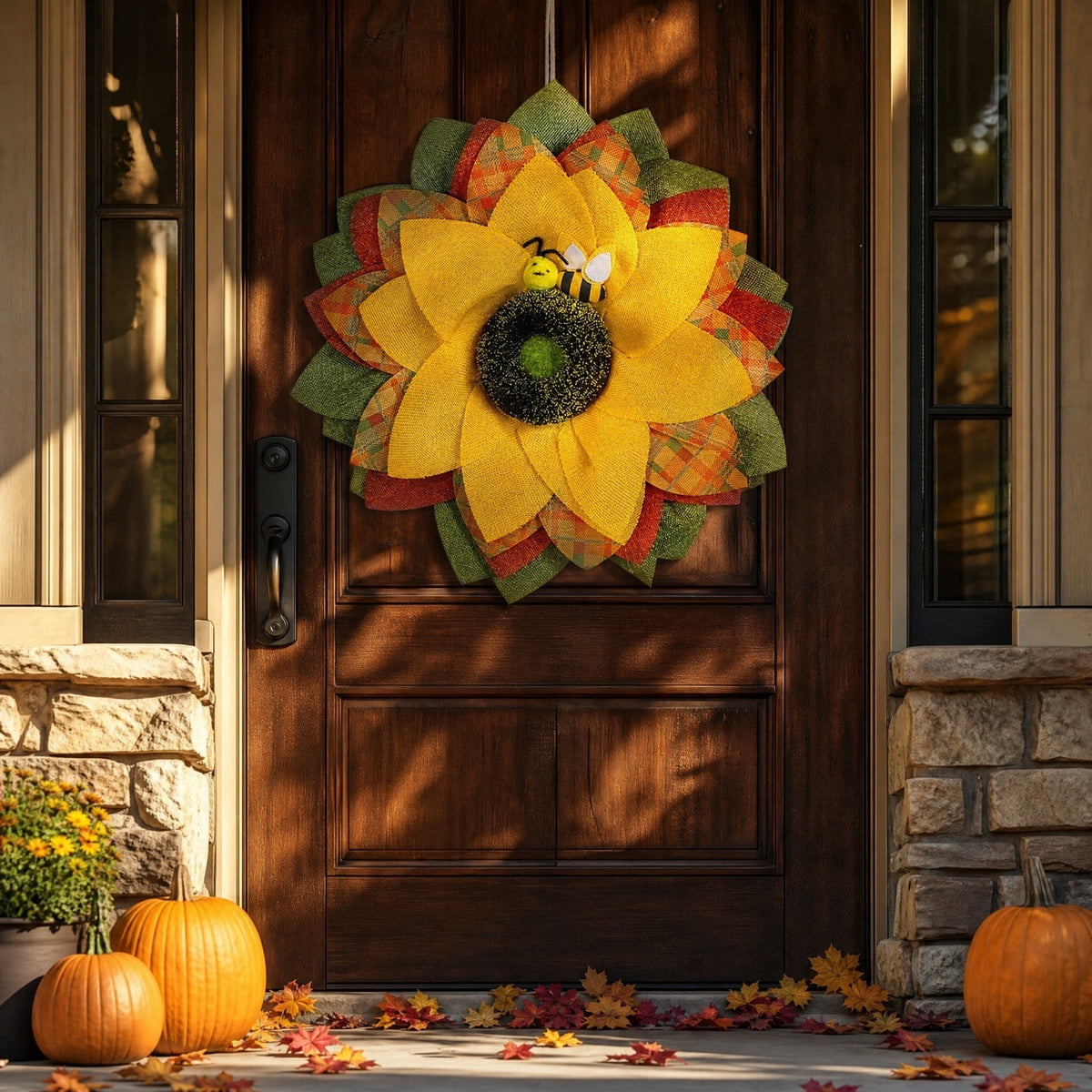 HOARBOEG Autumn Harvest Sunflower Wreath, Artificial Pumpkin Maple Leaf Fall Wreath for Front Door, 21.65 in Thanksgiving Wall Hanging Decor, Outdoor Indoor Harvest Decor
