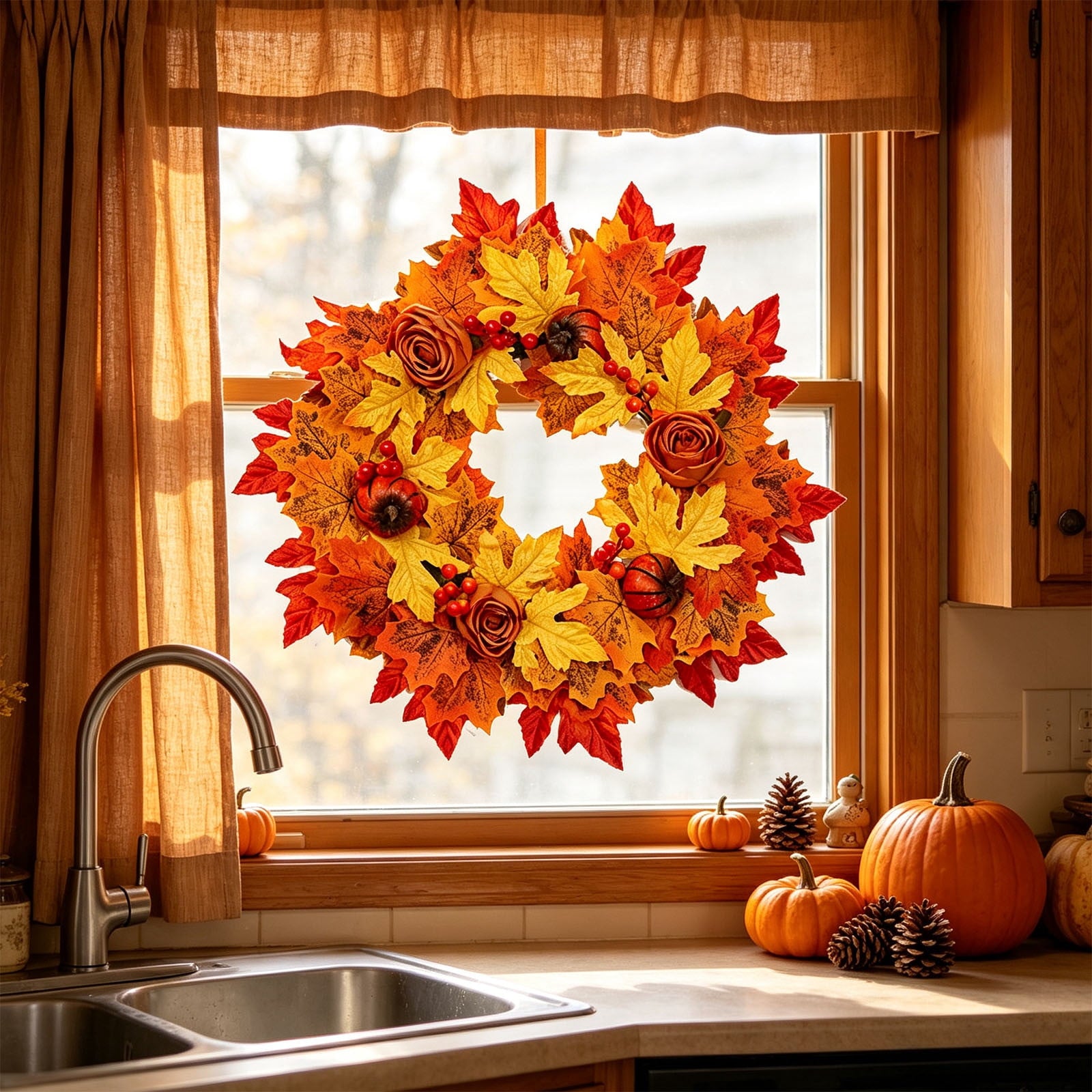 HOARBOEG Autumn Harvest Sunflower Wreath, Artificial Pumpkin Maple Leaf Fall Wreath for Front Door, 21.65 in Thanksgiving Wall Hanging Decor, Outdoor Indoor Harvest Decor