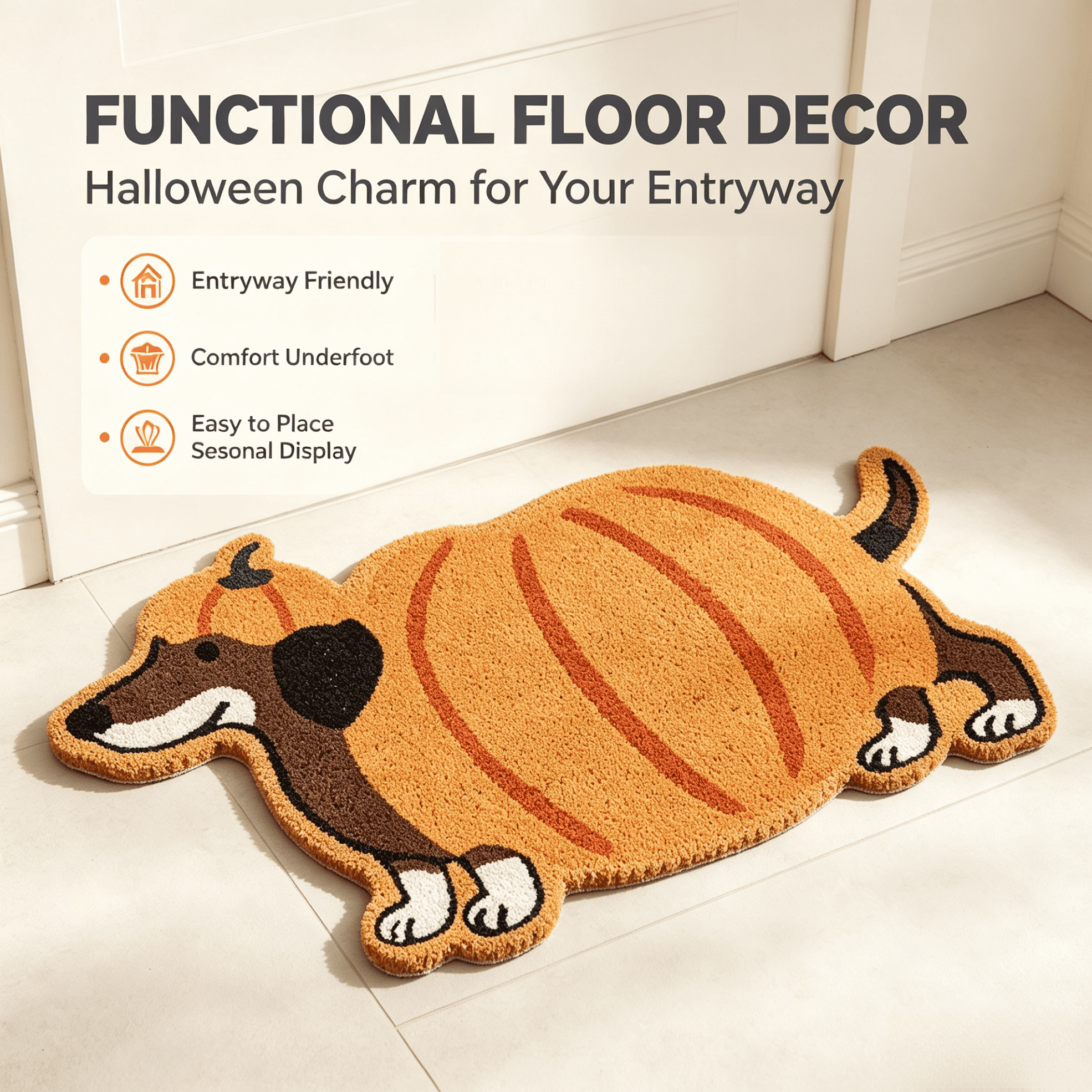 Halloween Dachshund Door Mat, 30"×18" Non-Slip Pumpkin Dachshund Floor Rug, Mat for Home Porch Fall Decor & Pet Lover Housewarming Gift