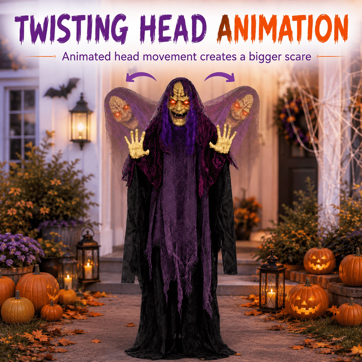 Romswi Halloween Decorations 5ft Standing Witch Animated with Light Up Eyes and Sound-Activated for Spooky Yard Garden Decor