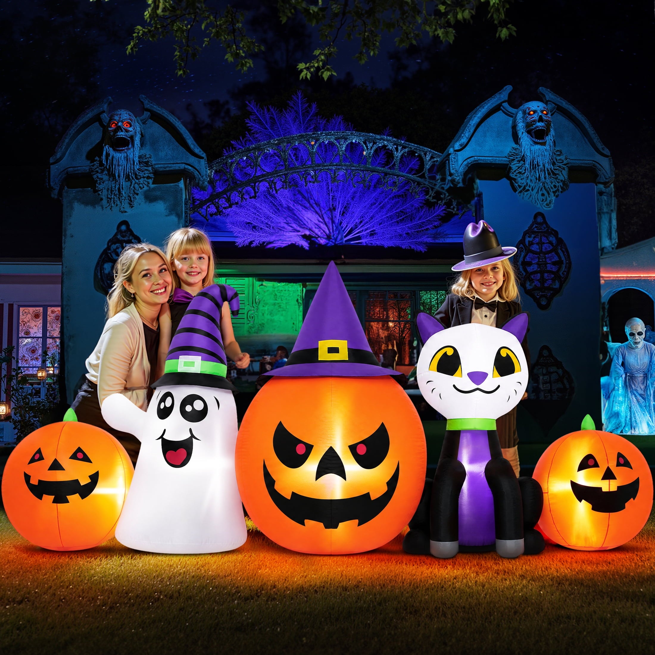 Firstness 8FT Halloween Inflatable Pumpkins Ghost Cat with Lights,Blow ups Outdoor Decorations for Yard