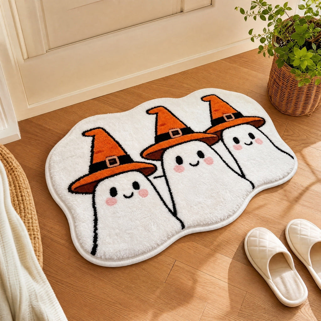 Halloween Doormat Ghost Bath Mat 23.6x15.7in Secure-Grip Absorbent Soft Faux Fur Rug for Bathroom Bedroom Living Room Decor by OVFUIZ