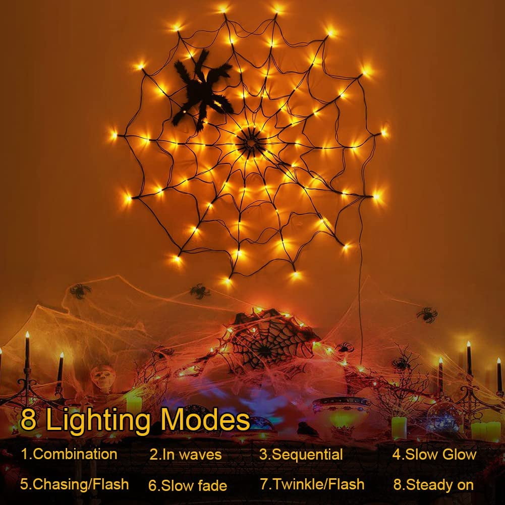 PMMIPNW Halloween Light Spider Web Lights 70 LED, Halloween String Lights Battery Operated with 8 Modes, Retro Haunted for Bedroom, Bar, Haunted House, Wall Halloween Decoration, Purple
