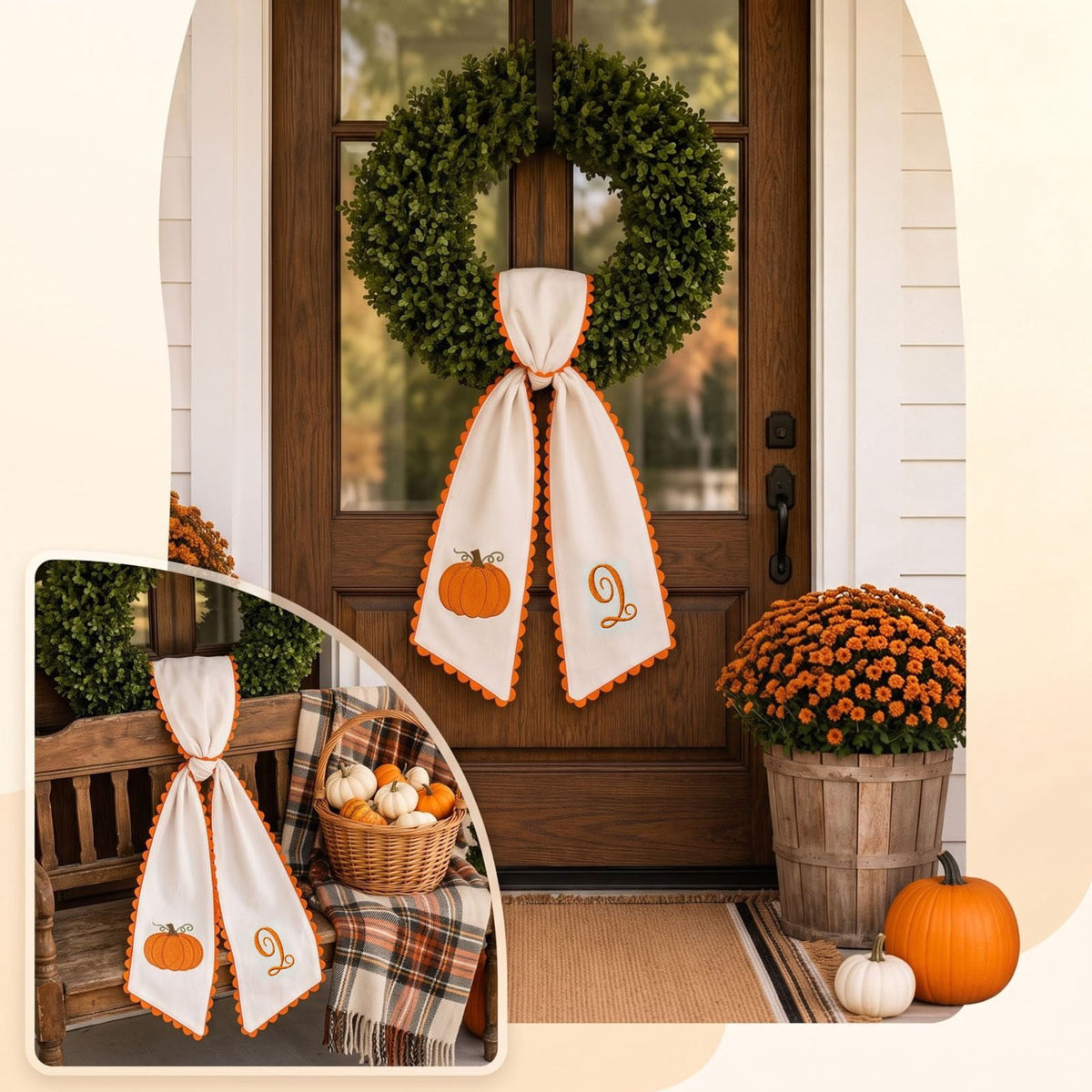 Pumpkin Embroidered Wreath Sash, 50 x 5 inch Orange Scalloped Lettered Ribbon for Halloween, Thanksgiving, Front Door, Seasonal Garland and Fall Home Decor, I
