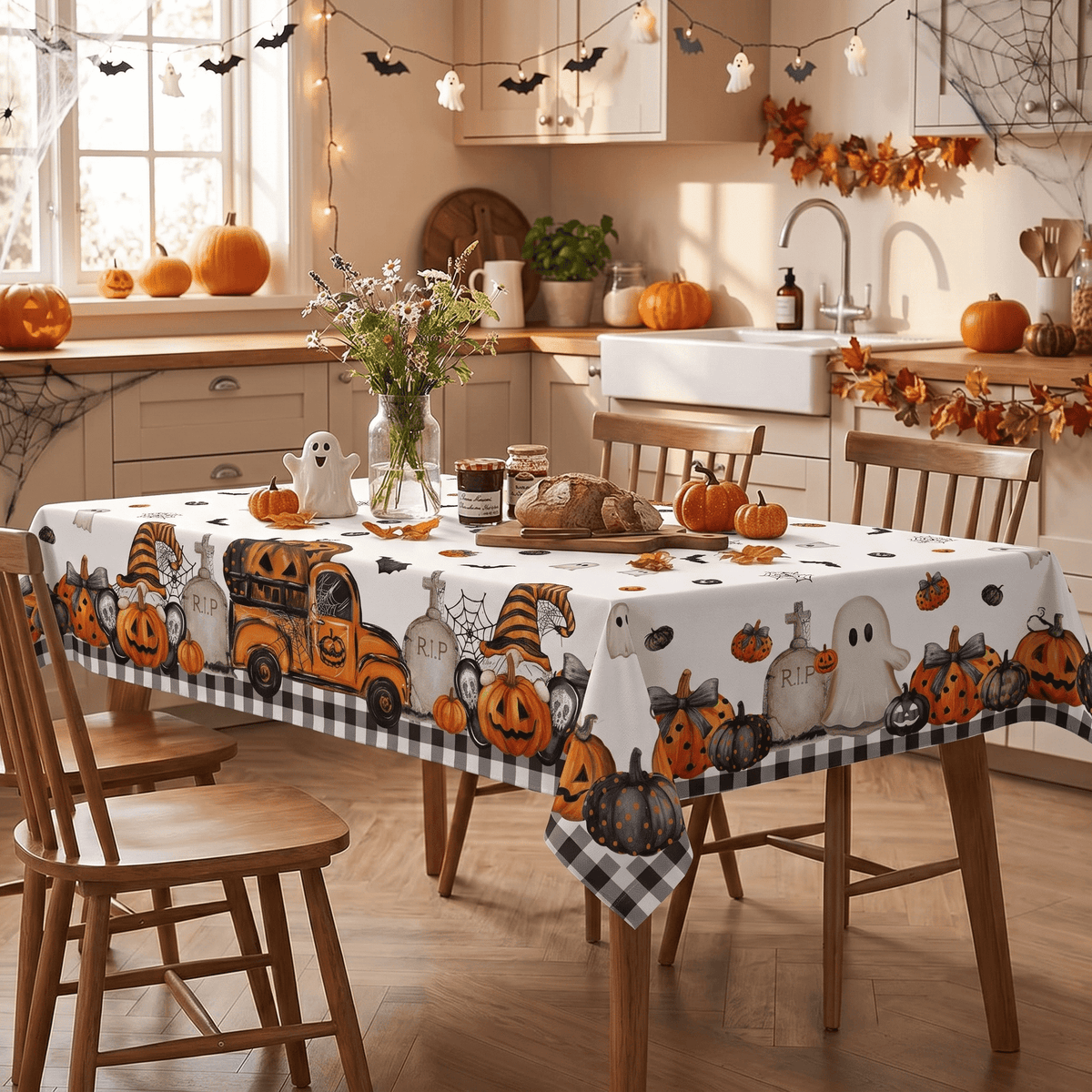 Sm:)e Truck Jack O Lantern Pumpkin Bat Buffalo Plaid Halloween Tablecloth 60 x 84 Inch, Wrinkle-Resistant Table Cover for Dining Decor, Rectangle