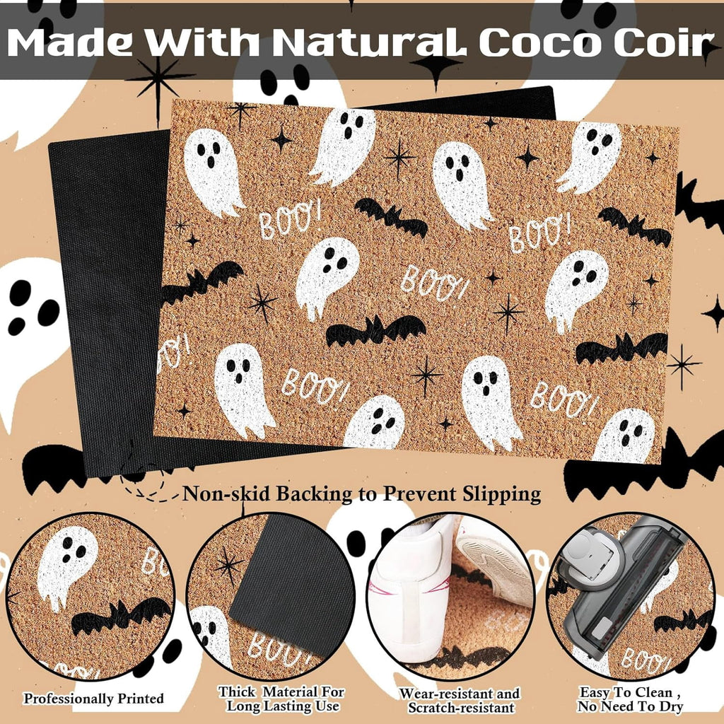 Jinswick Halloween Doormat Coir Ghost Welcome Doormat Funny Halloween Boo Bat Door Mat with Anti-Slip Rubber Non Slip Floor Mat for Indoor Front Door Entrance Decor, 16 x 24 Inch(Amusing)