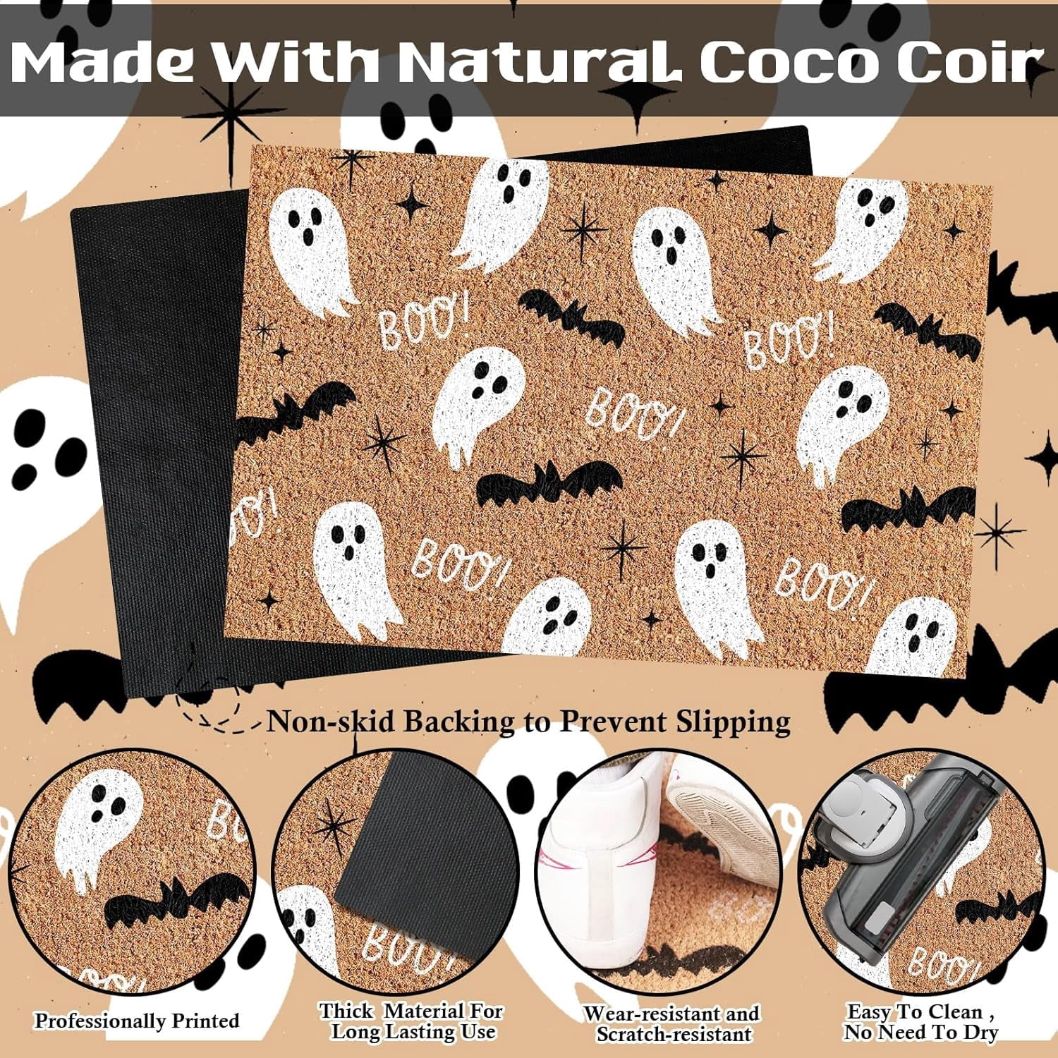 Jinswick Halloween Doormat Coir Ghost Welcome Doormat Funny Halloween Boo Bat Door Mat with Anti-Slip Rubber Non Slip Floor Mat for Indoor Front Door Entrance Decor, 16 x 24 Inch(Amusing)