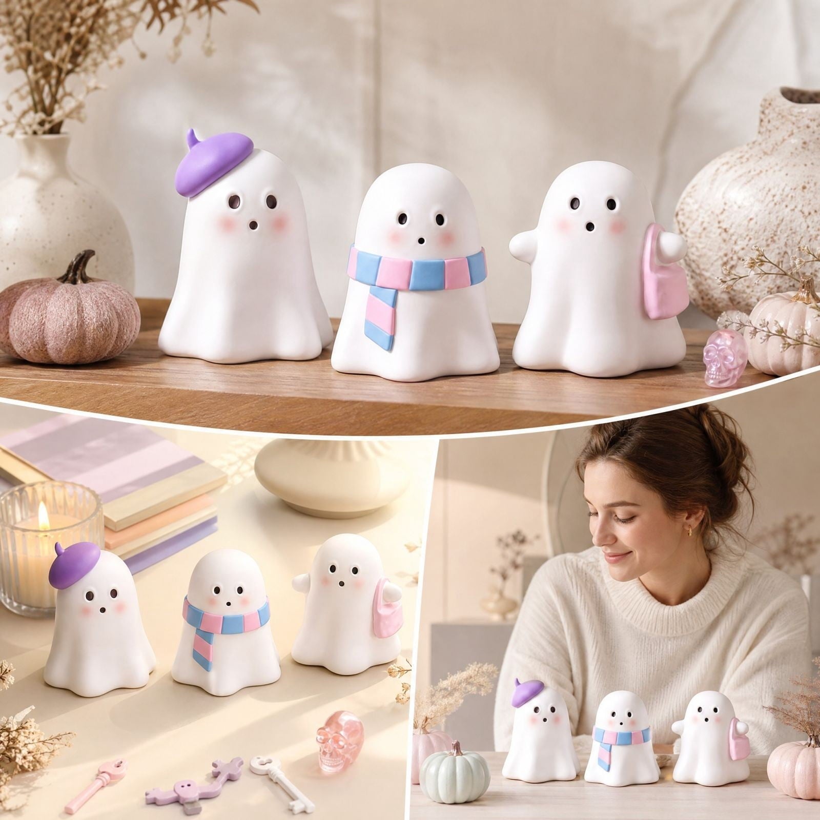 Pink Halloween Decor Ghost Candy Bowl Figurine with Bow and Scalloped Holder for Indoor Tabletop Decor and Party Favor Display