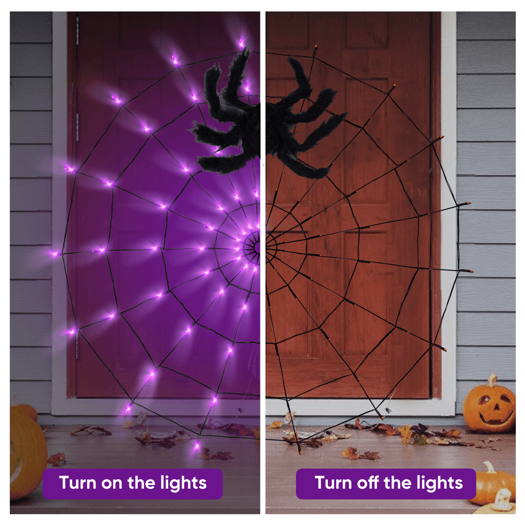 16.4Ft Large Spider Webs Halloween Decorations Lights, Outdoor Battery Operated Purple Halloween String Lights with 8 Modes Remote Control 125 LEDs Spiderweb,60" Large Spider,Waterproof (Purple)