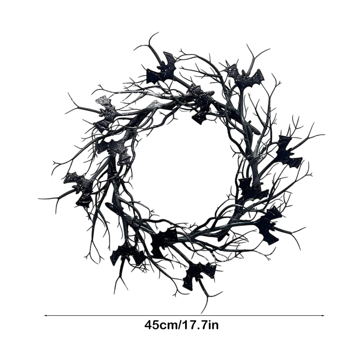 WWC Halloween Wreath, 18 inch Black Bats and Bare Branch Wreath, Gothic Halloween Decor Twig Wreath for Halloween Party Front Door Porch and Fireplace