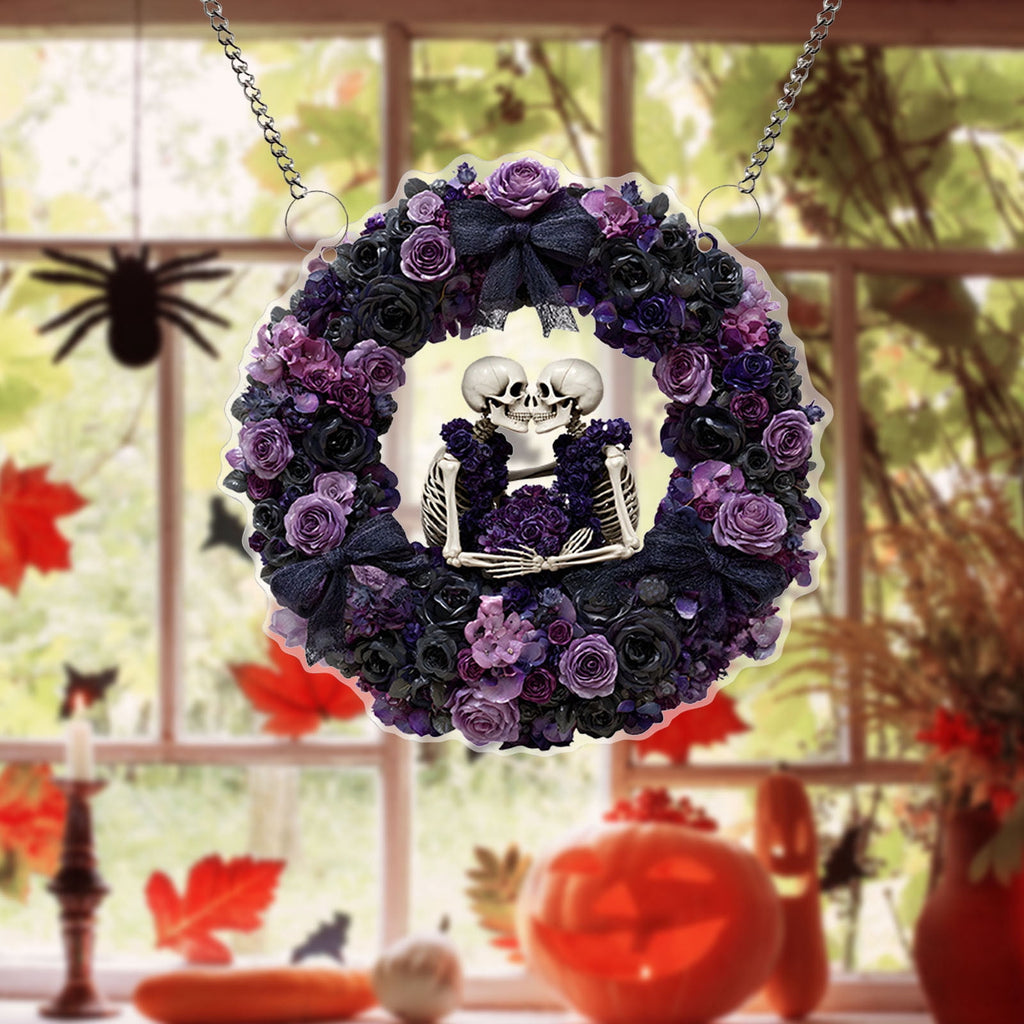 Btomtd Diameter 8" Pumpkin Skull Wreath Halloween Decor Acrylic Round Disk Hanging Ornament with Garland for Front Door Window, A