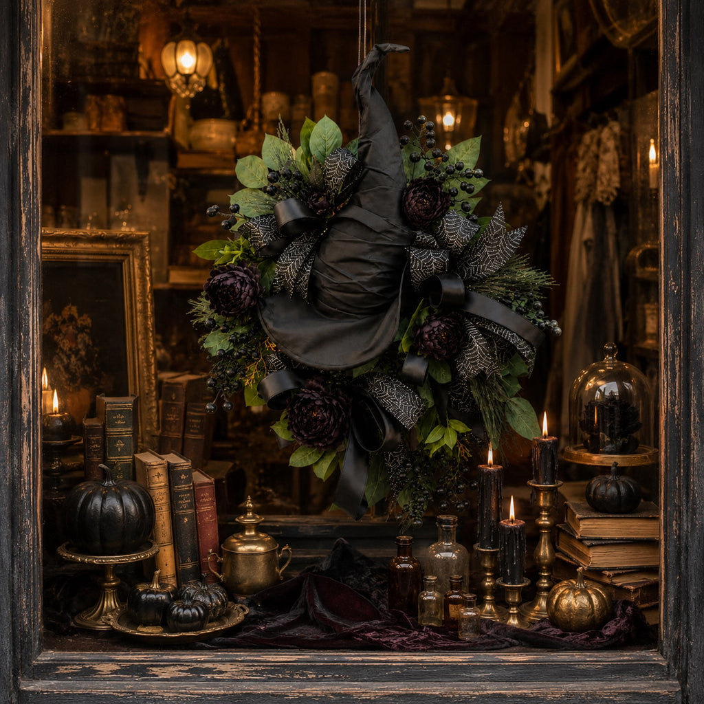 Luckky Black Rose Witch Hat Front Door Wreath,Elegant Spooky Halloween Door Decor with Spider Web Ribbon,Creepy Stylish Wreath for Home Accent,Gothic Themed Party & Indoor Room